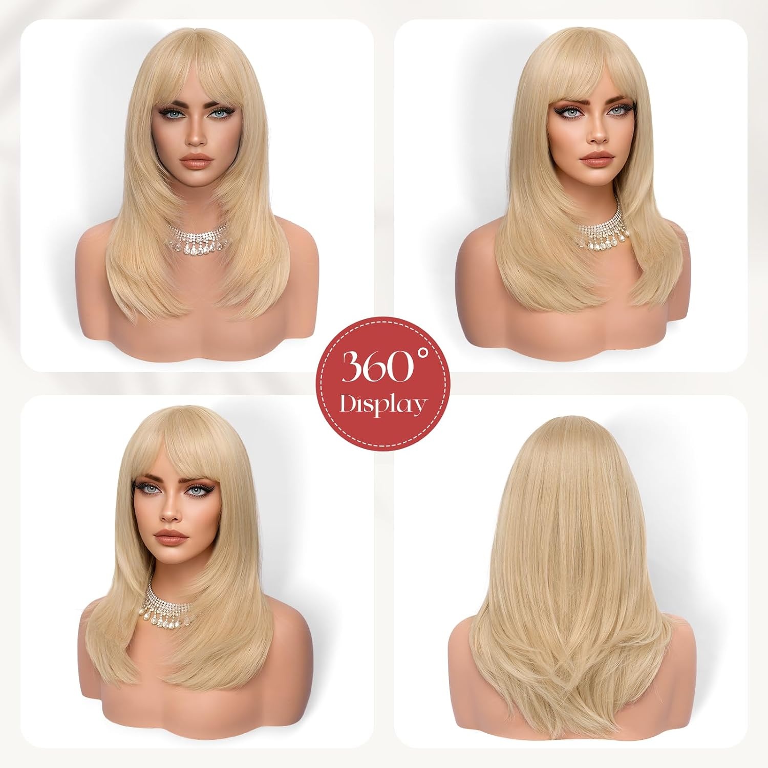 Sofeiyan Lang Glad Haarstuk met Pony, 50 cm Lichtblond Pruik met Laagjeseffect, Pruiken van Natuurlijk Kunsthaar voor Vrouwen, Geschikt voor Dagelijks, Feestjes en Cosplay - Maat 50 cm
