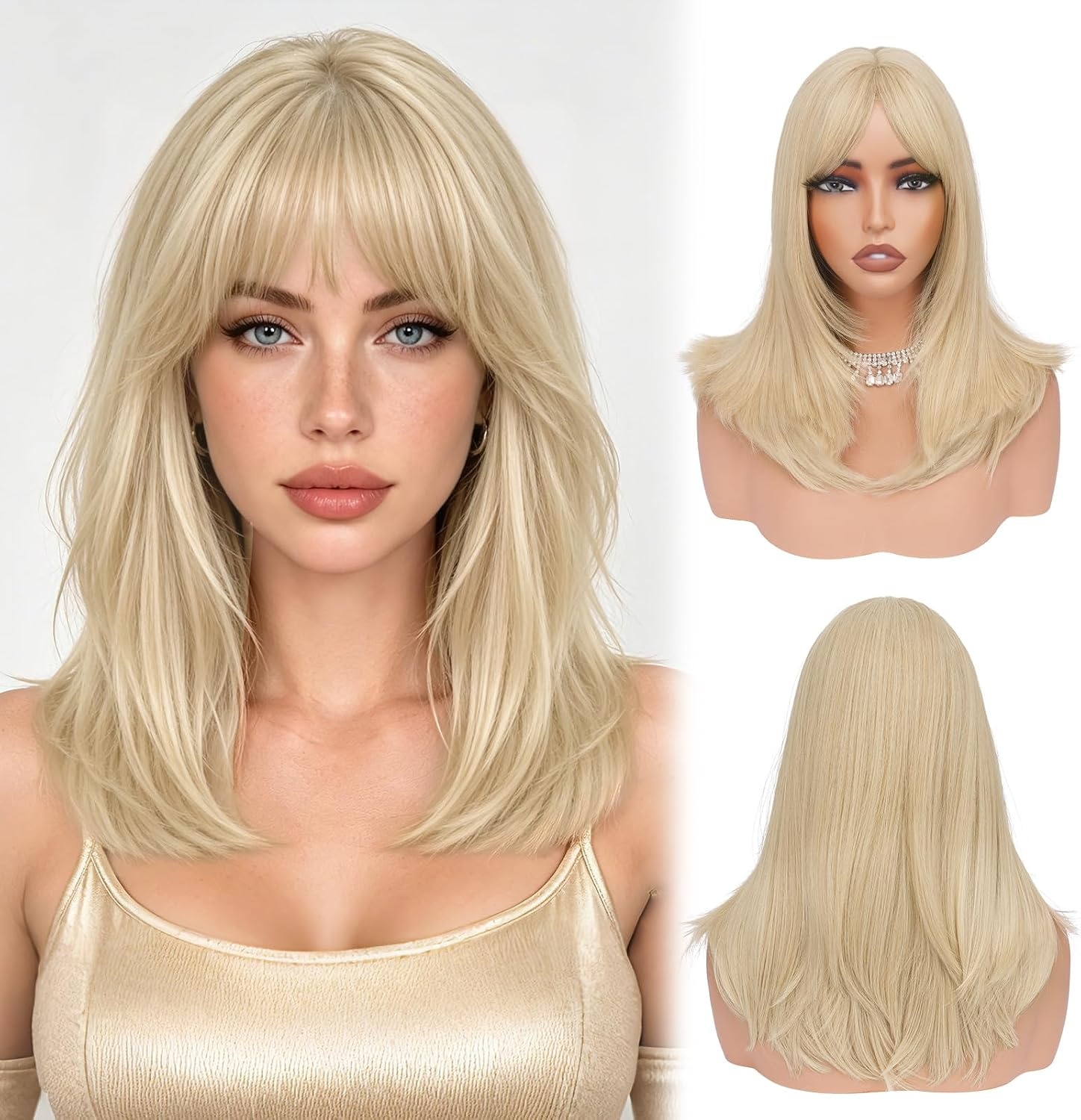 Sofeiyan Lang Glad Haarstuk met Pony, 50 cm Lichtblond Pruik met Laagjeseffect, Pruiken van Natuurlijk Kunsthaar voor Vrouwen, Geschikt voor Dagelijks, Feestjes en Cosplay - Maat 50 cm