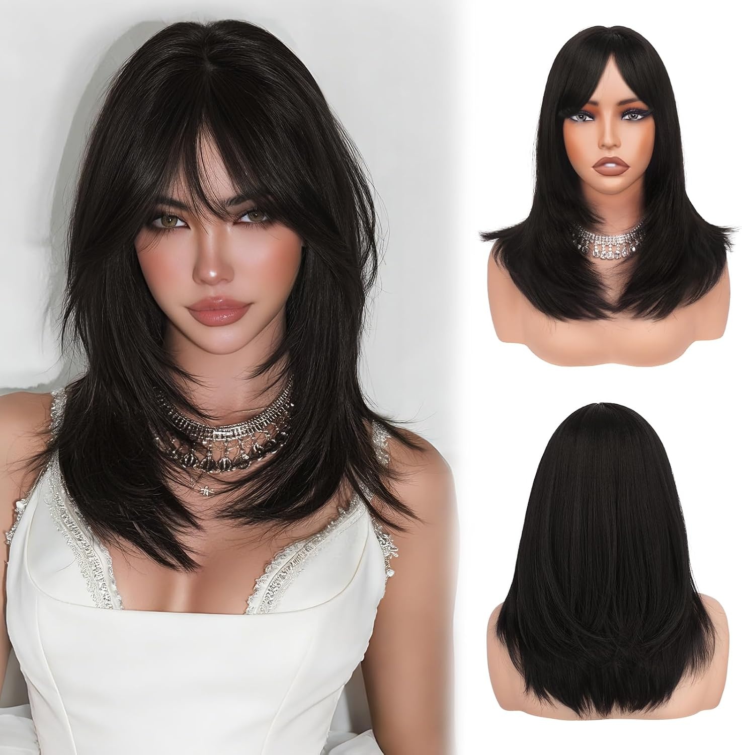 Sofeiyan Lang Glad Haarstuk met Pony, 50 cm Lichtblond Pruik met Laagjeseffect, Pruiken van Natuurlijk Kunsthaar voor Vrouwen, Geschikt voor Dagelijks, Feestjes en Cosplay - Maat 50 cm