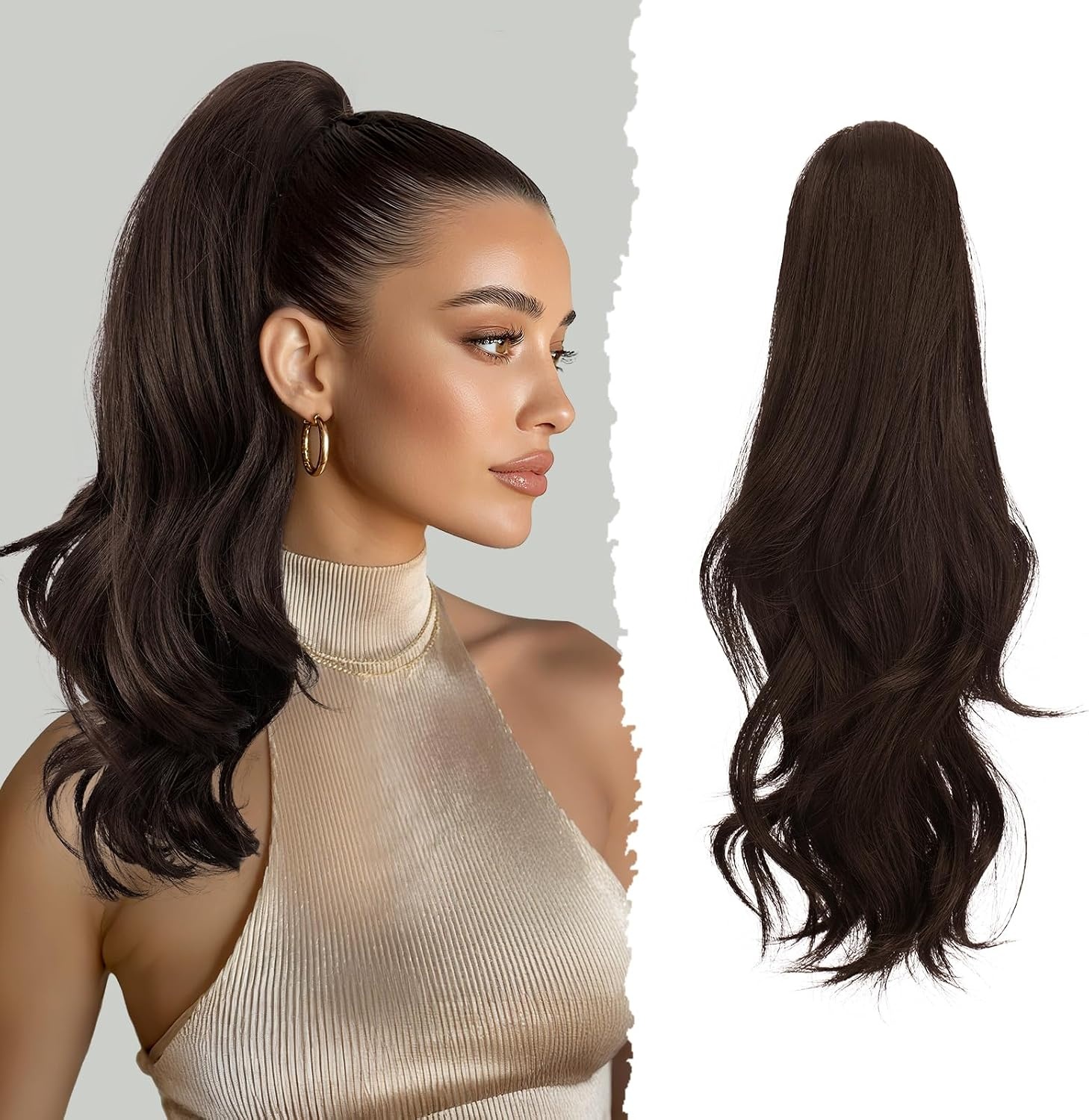Sofeiyan Lange Golvende Paardenstaart met Clip, Dual-Use Ontwerp Paardenstaartverlenging, 41 cm Synthetische Claw Clip in Haarverlenging Vlecht voor Vrouwen, Donkerbruin