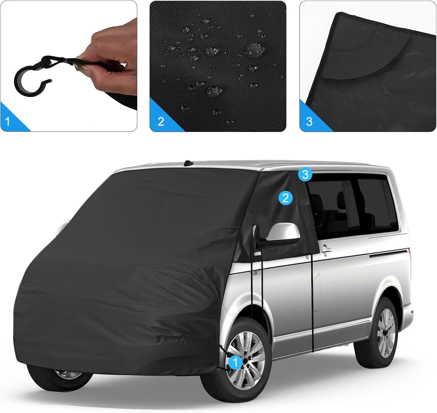 Voorruitwikkelafdekking, vervanging voor VW T5/T6, luxe zonwering afdekking voor verstopping voorruit, 420D (zwart)