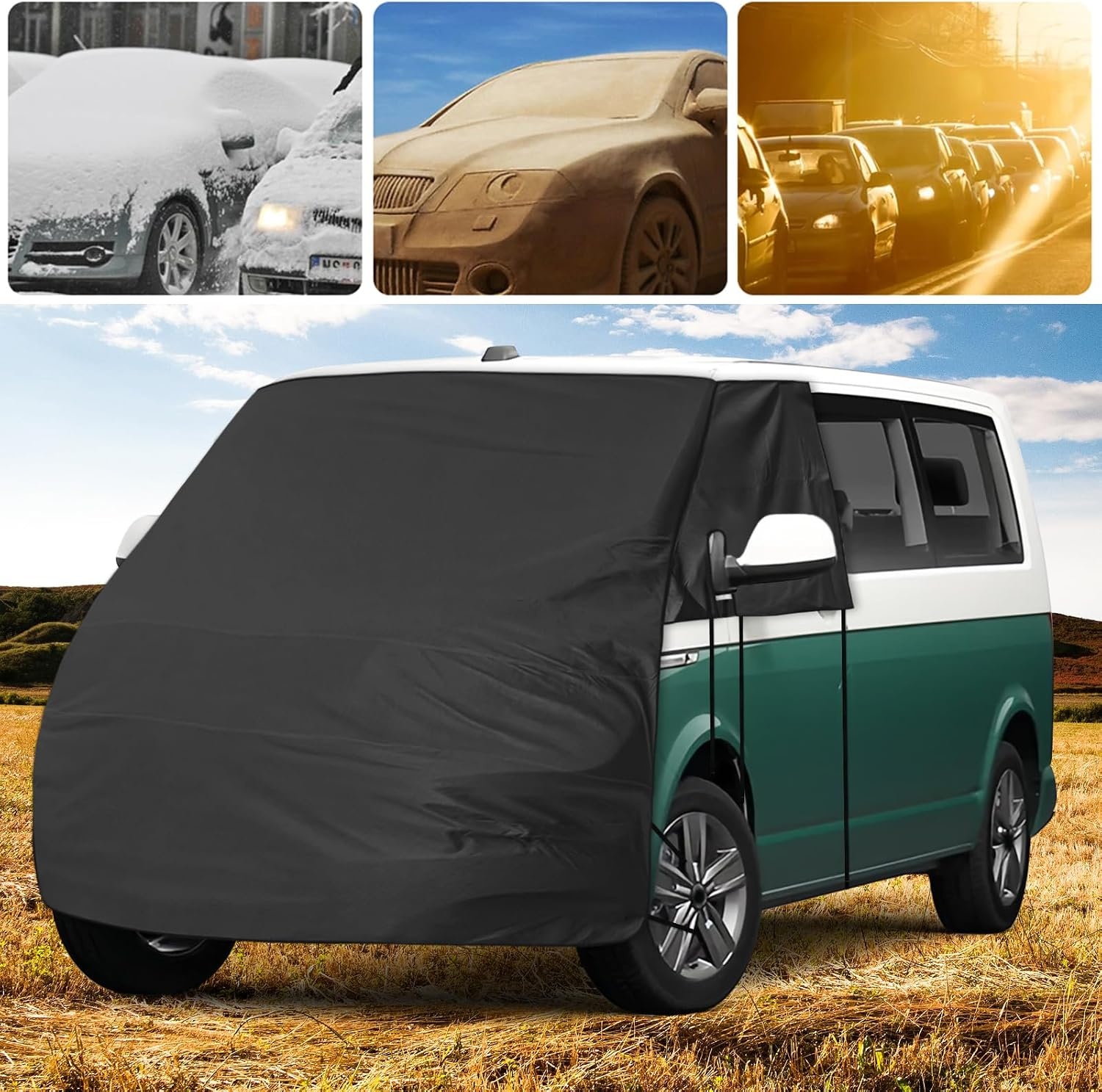 Voorruitwikkelafdekking, vervanging voor VW T5/T6, luxe zonwering afdekking voor verstopping voorruit, 420D (zwart)