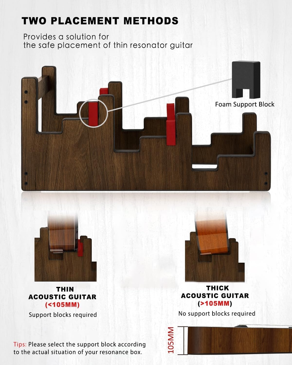 STRICH Houten gitaarstandaard voor meerdere gitaren, 3-houders, voordisplay, ruimtebesparend vloergitaarrek voor thuis, studio, podium, walnootkleur, L-3AW (voor 3 akoestisch)
