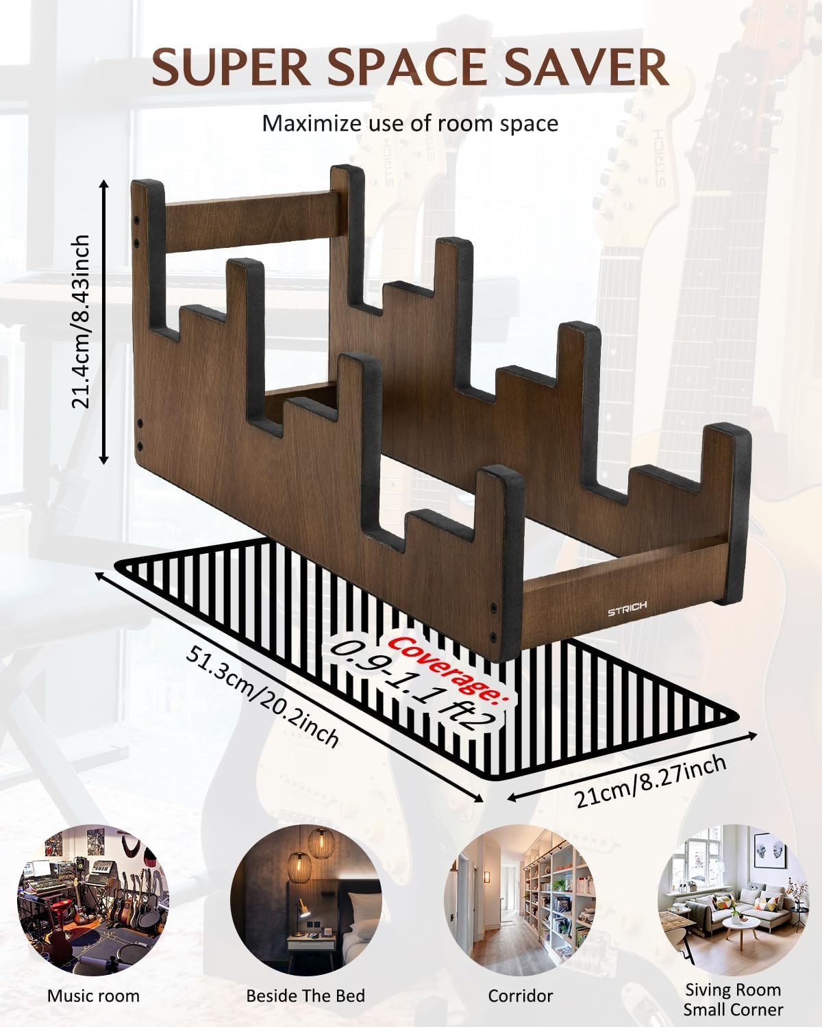 STRICH Houten gitaarstandaard voor meerdere gitaren, 3-houders, voordisplay, ruimtebesparend vloergitaarrek voor thuis, studio, podium, walnootkleur, L-3AW (voor 3 akoestisch)