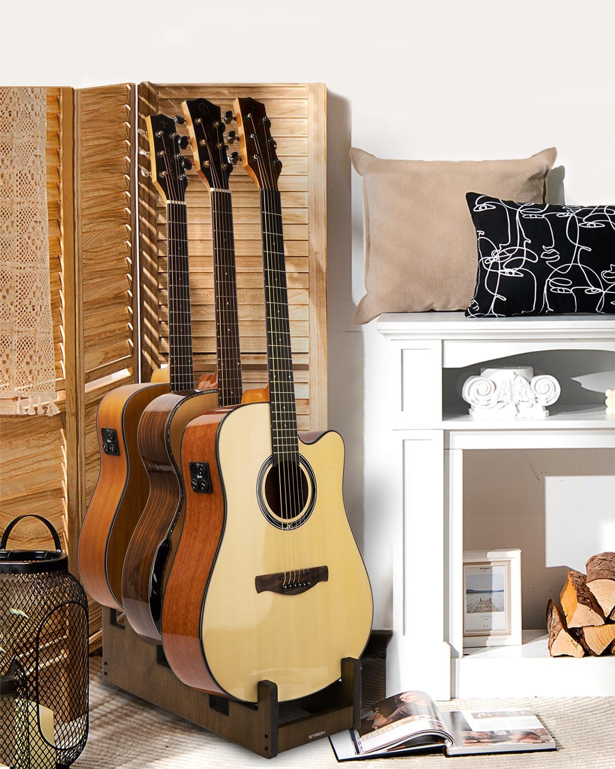 STRICH Houten gitaarstandaard voor meerdere gitaren, 3-houders, voordisplay, ruimtebesparend vloergitaarrek voor thuis, studio, podium, walnootkleur, L-3AW (voor 3 akoestisch)