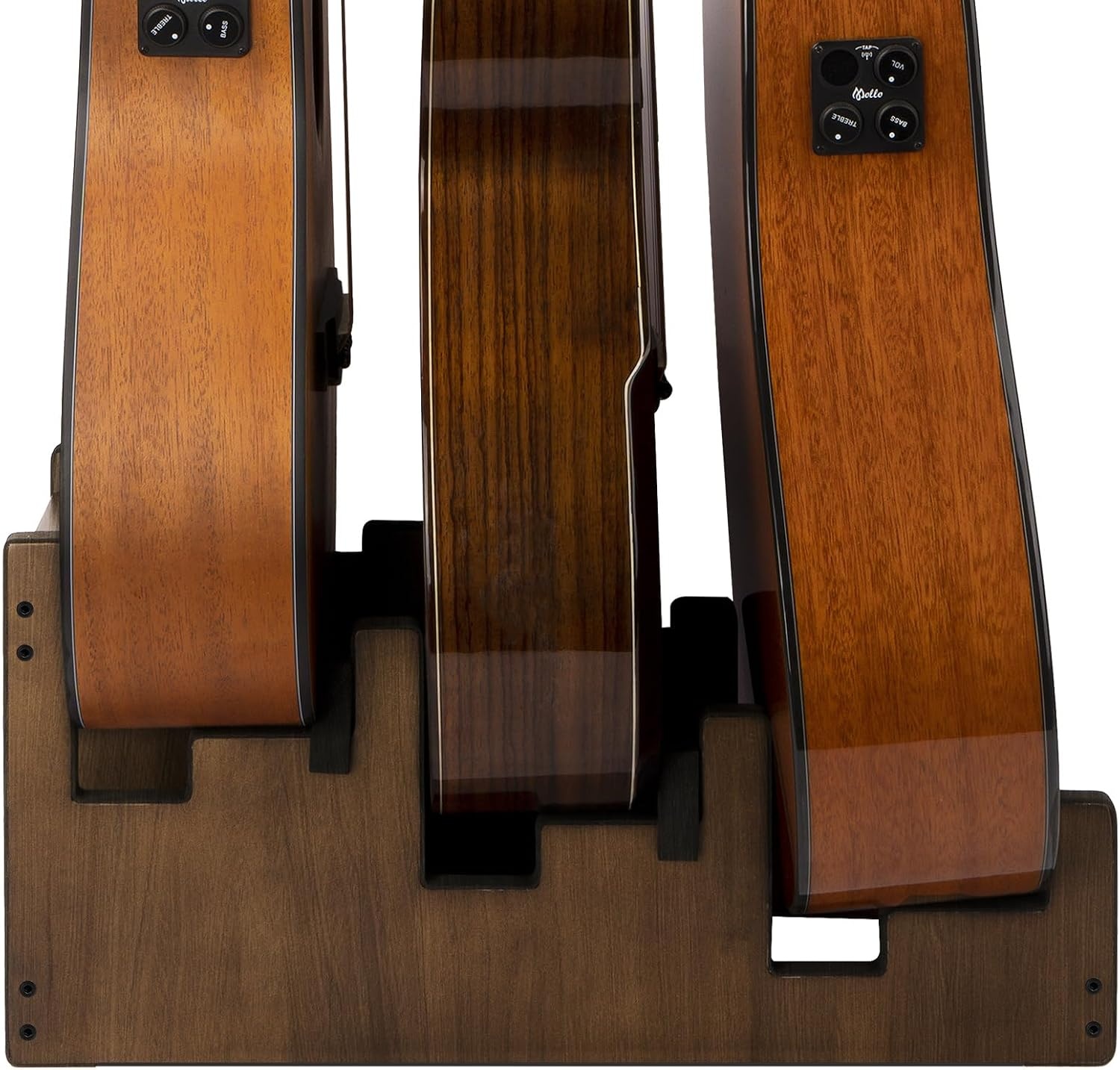 STRICH Houten gitaarstandaard voor meerdere gitaren, 3-houders, voordisplay, ruimtebesparend vloergitaarrek voor thuis, studio, podium, walnootkleur, L-3AW (voor 3 akoestisch)