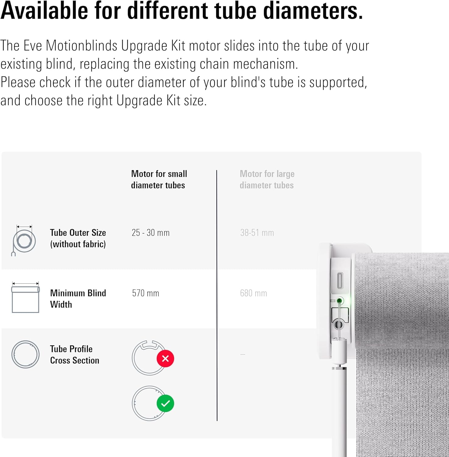 Eve Motionblinds Upgrade Kit voor rolgordijnen (Matter) - Motor voor buizen met kleine diameter; upgrade bestaande rolgordijnen ;req. Thread Border Router;bediening via spraak/app/geautomatiseerd
