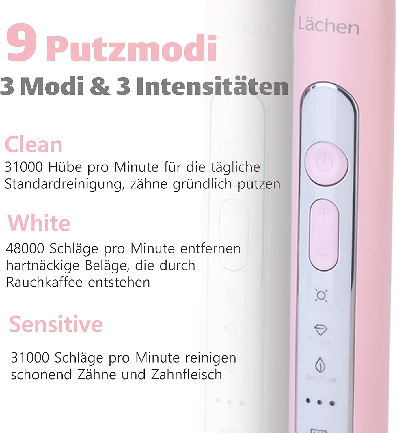 Lächen Sonische elektrische tandenborstel met 4 tandenborstelkoppen en timer, 3 modi en 3 vibratieniveaus met reistas, roze