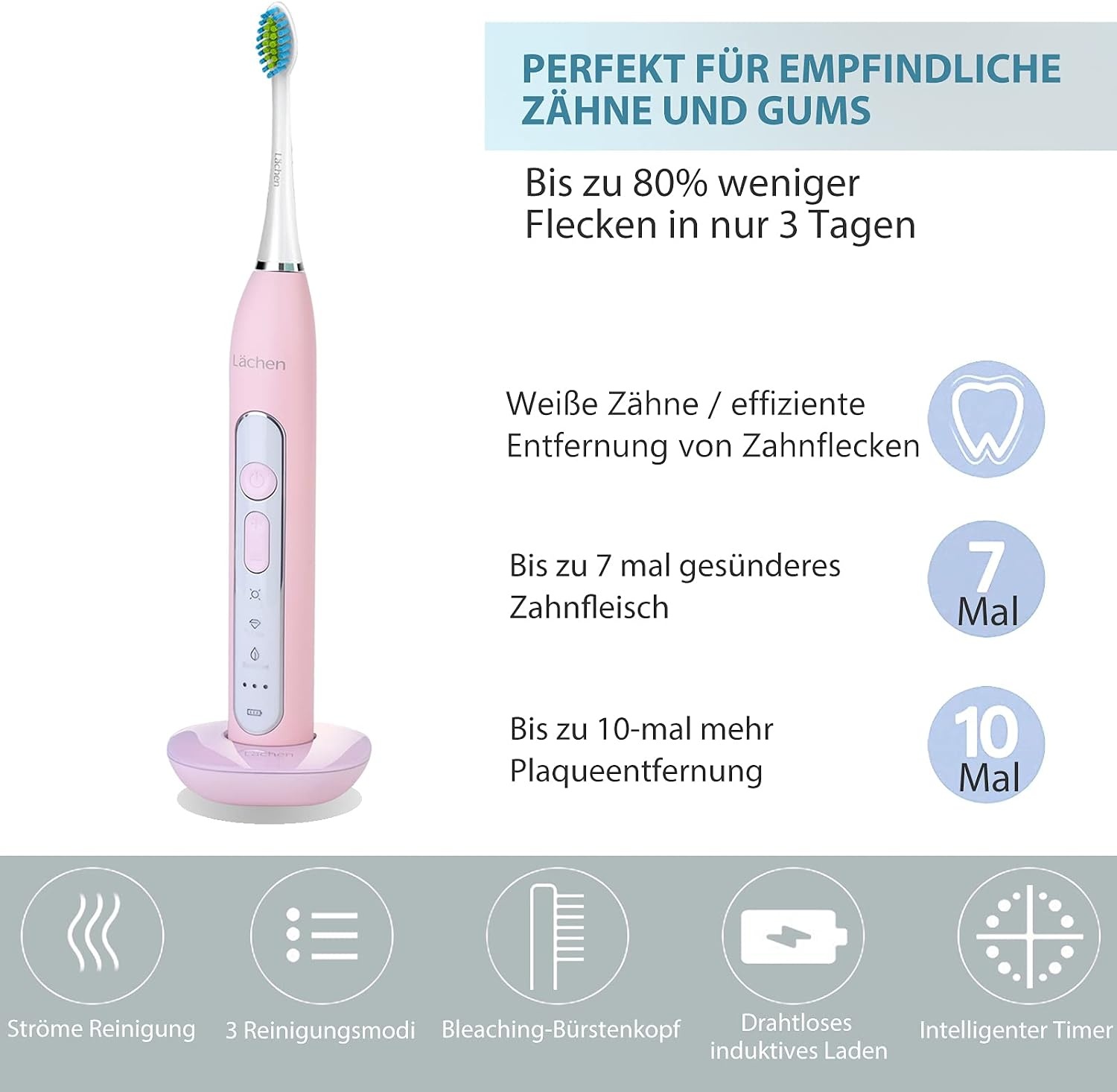 Lächen Sonische elektrische tandenborstel met 4 tandenborstelkoppen en timer, 3 modi en 3 vibratieniveaus met reistas, roze