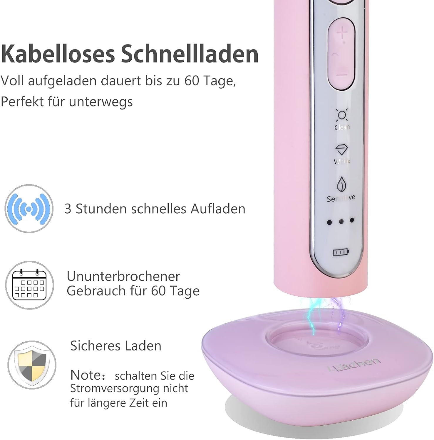 Lächen Sonische elektrische tandenborstel met 4 tandenborstelkoppen en timer, 3 modi en 3 vibratieniveaus met reistas, roze