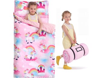 Joiedomi 139 x 51 cm slaapzak voor kinderen met kussen en deken, oprolbare kinderslaapzak voor kleuterschool, voor jongens en meisjes, verjaardagscadeau voor jongens en meisjes, eenhoorn