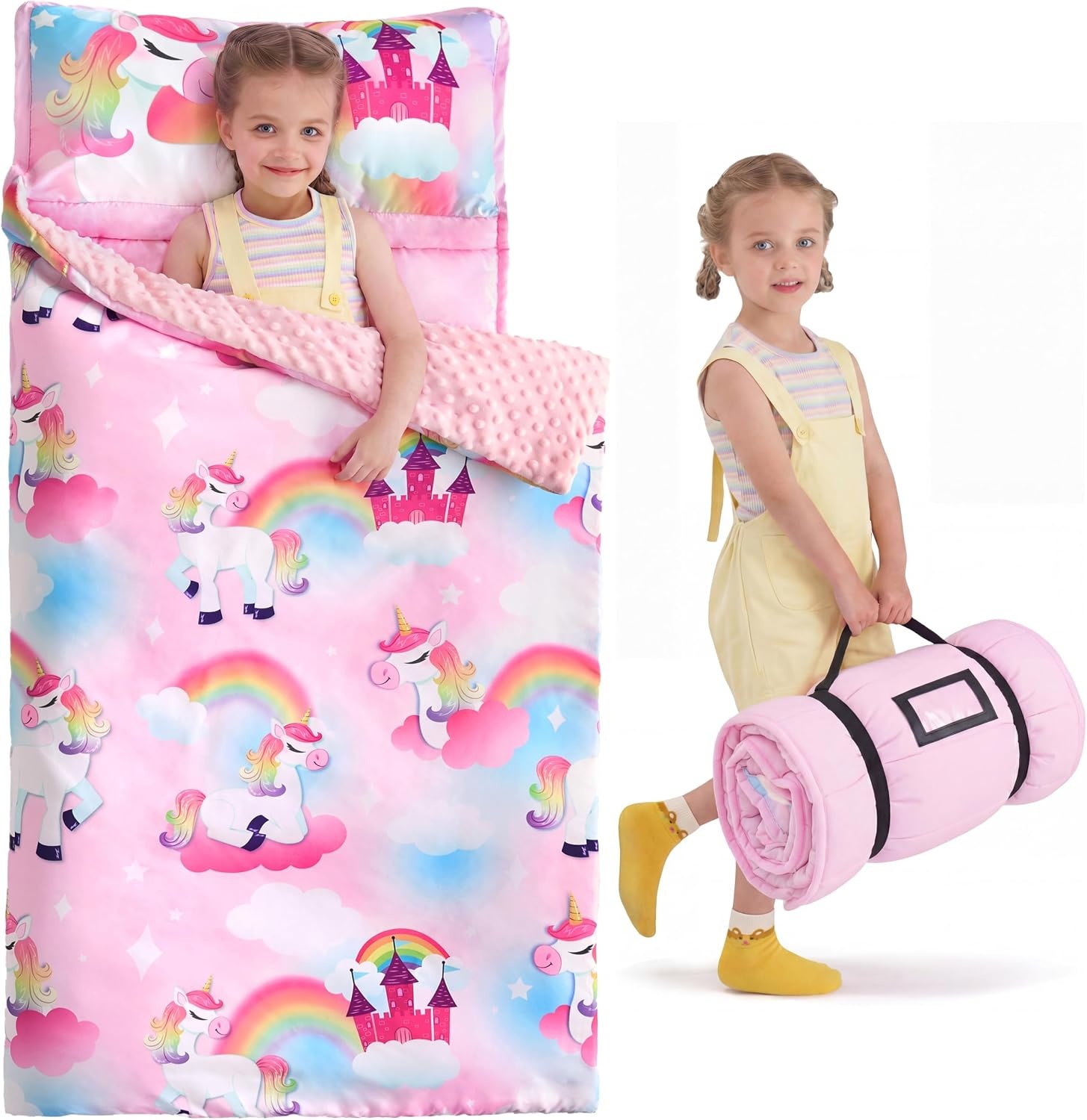Joiedomi 139 x 51 cm slaapzak voor kinderen met kussen en deken, oprolbare kinderslaapzak voor kleuterschool, voor jongens en meisjes, verjaardagscadeau voor jongens en meisjes, eenhoorn