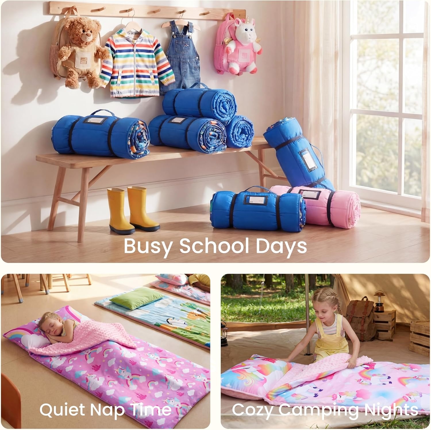 Joiedomi 139 x 51 cm slaapzak voor kinderen met kussen en deken, oprolbare kinderslaapzak voor kleuterschool, voor jongens en meisjes, verjaardagscadeau voor jongens en meisjes, eenhoorn