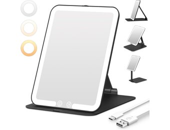 Auxmir Makeup Spiegel met LED Verlichting, Ultraslanke Opvouwbare Reisspiegel, Oplaadbare Cosmetica Spiegel met 3 Kleurmodi, Draagbare Scheerspiegel voor Thuis, Onderweg, Vakantie, Zwart
