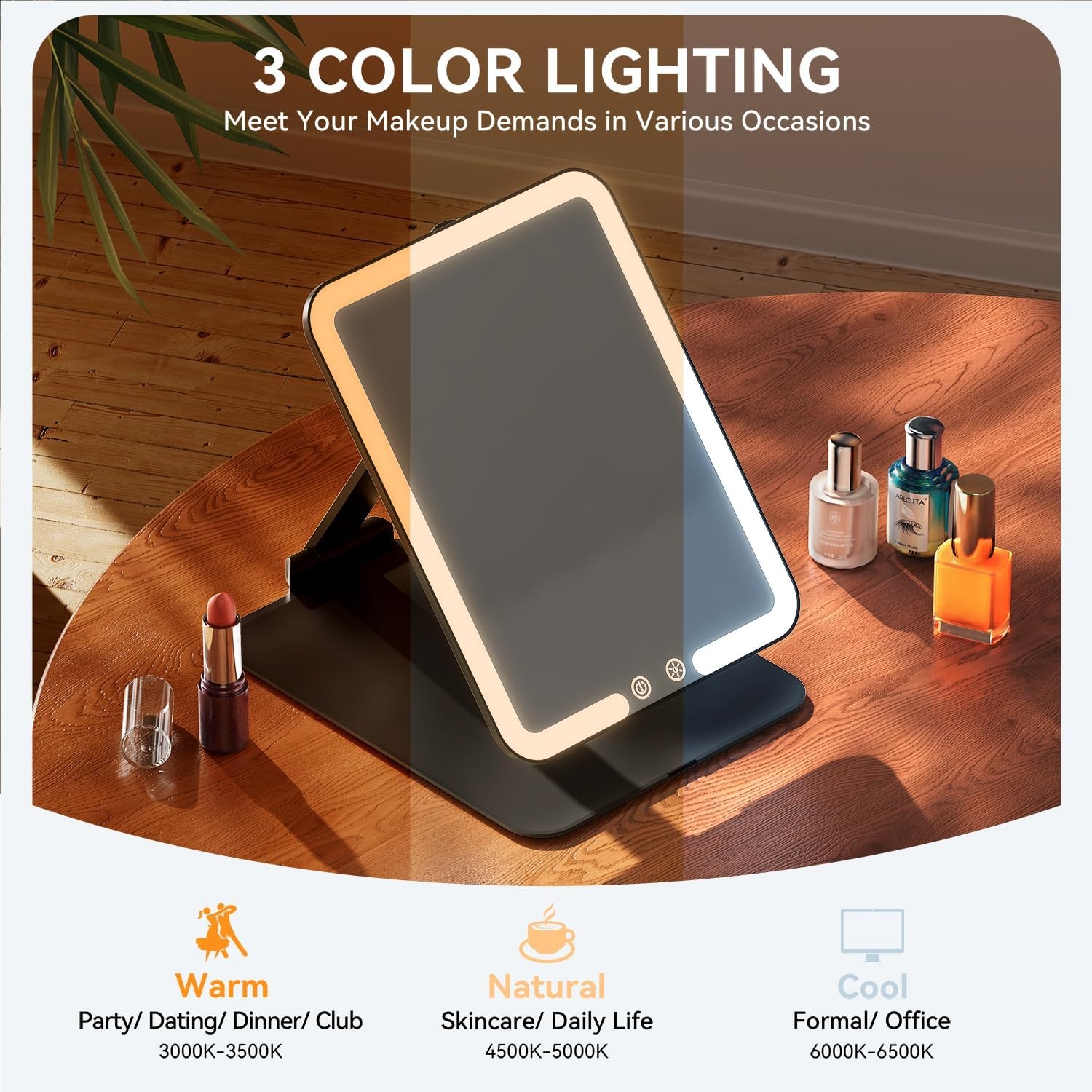 Auxmir Makeup Spiegel met LED Verlichting, Ultraslanke Opvouwbare Reisspiegel, Oplaadbare Cosmetica Spiegel met 3 Kleurmodi, Draagbare Scheerspiegel voor Thuis, Onderweg, Vakantie, Zwart