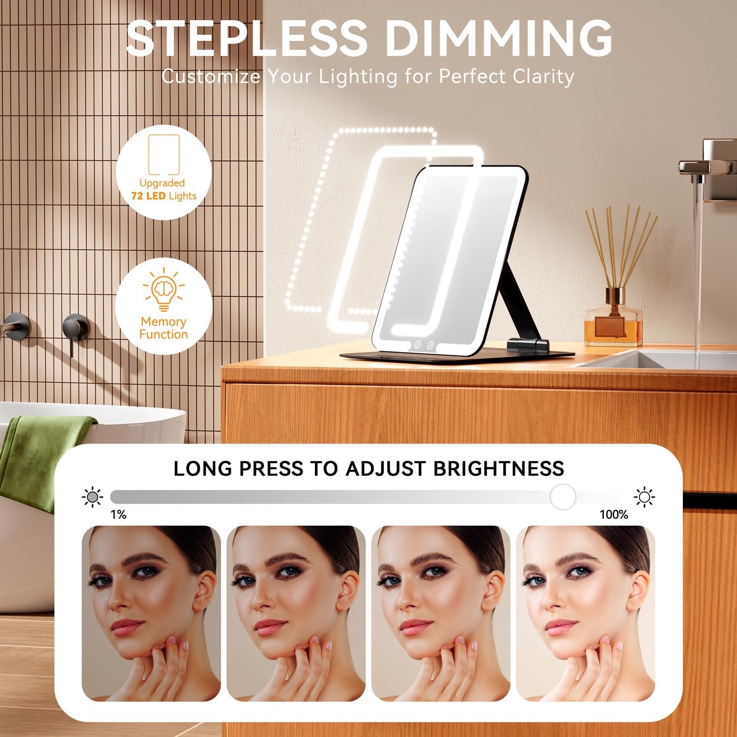 Auxmir Makeup Spiegel met LED Verlichting, Ultraslanke Opvouwbare Reisspiegel, Oplaadbare Cosmetica Spiegel met 3 Kleurmodi, Draagbare Scheerspiegel voor Thuis, Onderweg, Vakantie, Zwart