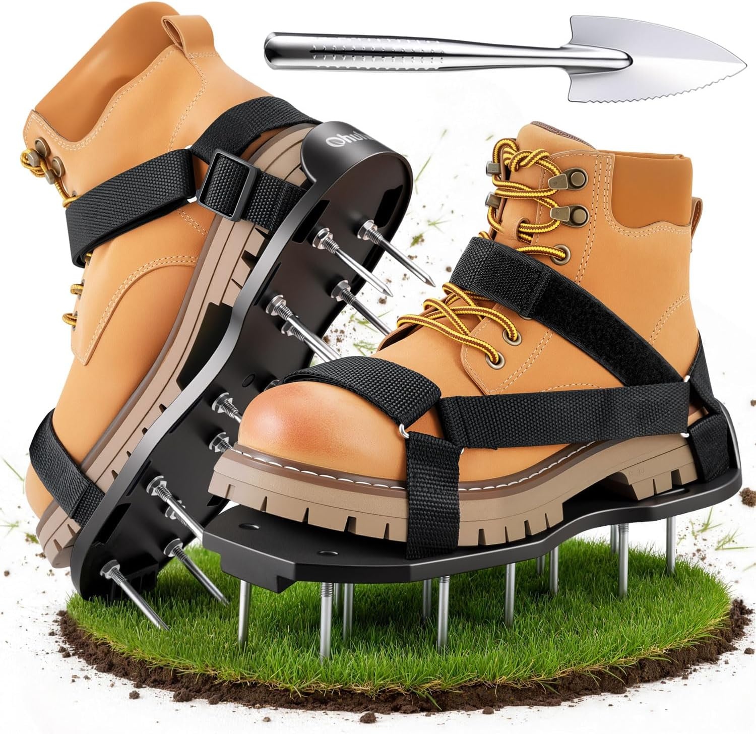 Ohuhu Gazonbeluchter schoenen met roestvrijstalen schep, gratis installatie beluchtschoen met haak & lus riemen, zware eenheidsmaat-fits-All Spiked beluchtingssandalen voor tuin gras gazon