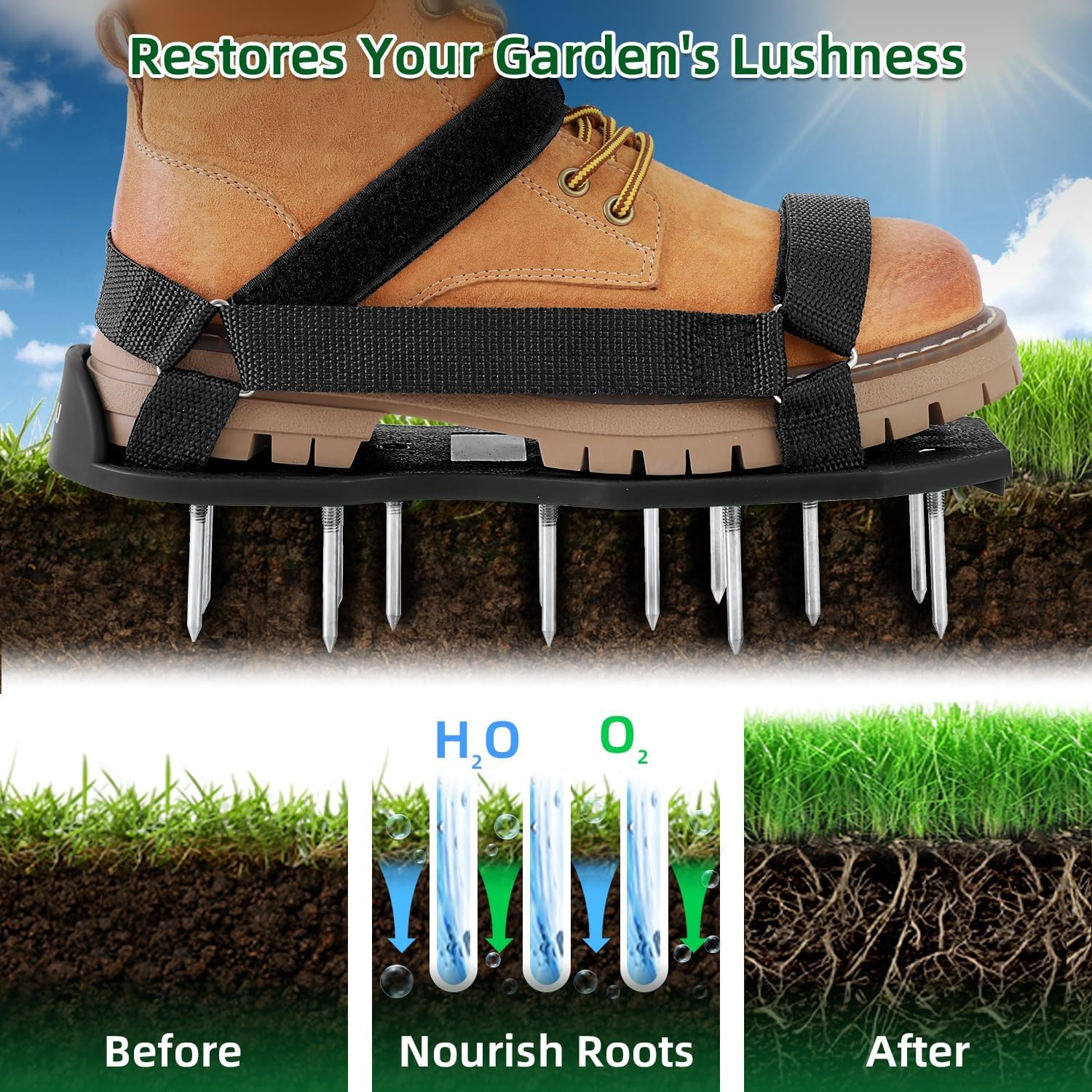 Ohuhu Gazonbeluchter schoenen met roestvrijstalen schep, gratis installatie beluchtschoen met haak & lus riemen, zware eenheidsmaat-fits-All Spiked beluchtingssandalen voor tuin gras gazon