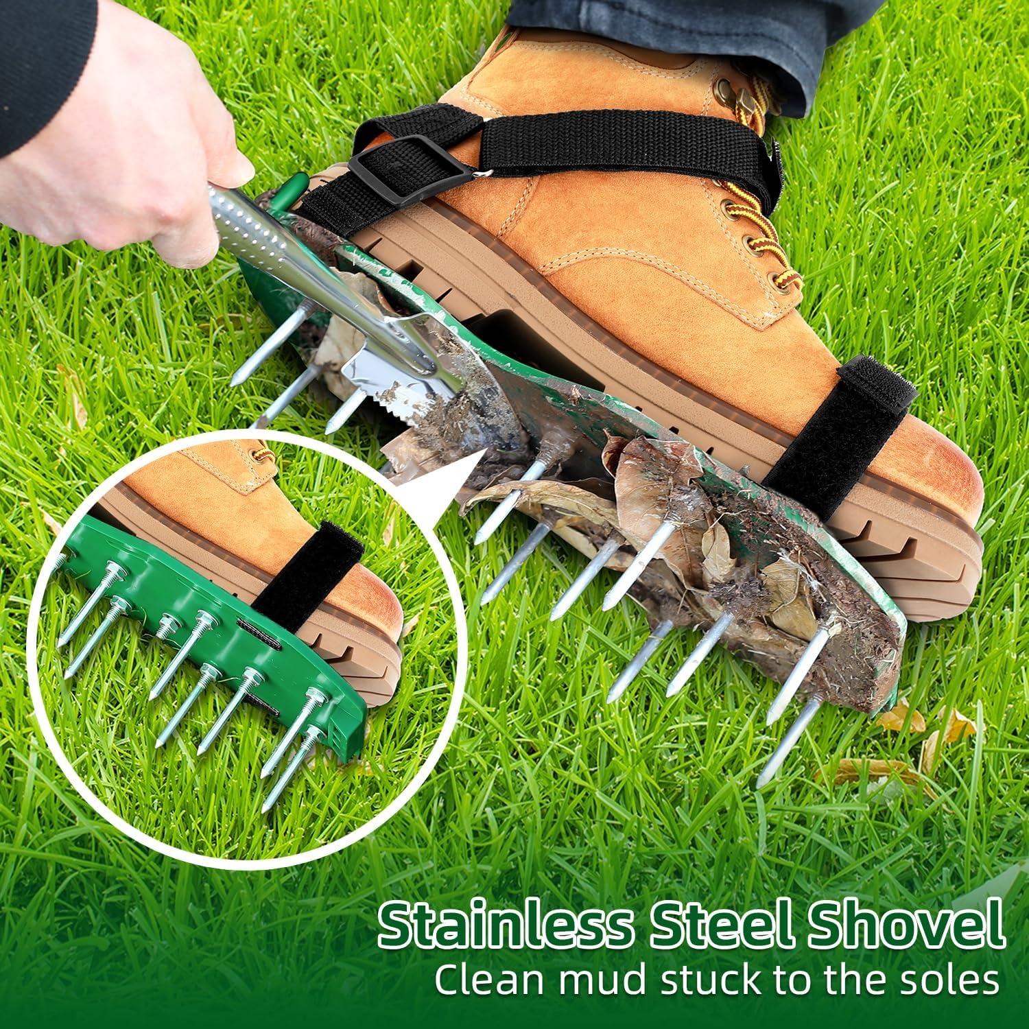 Ohuhu Gazonbeluchter schoenen met roestvrijstalen schep, gratis installatie beluchtschoen met haak & lus riemen, zware eenheidsmaat-fits-All Spiked beluchtingssandalen voor tuin gras gazon