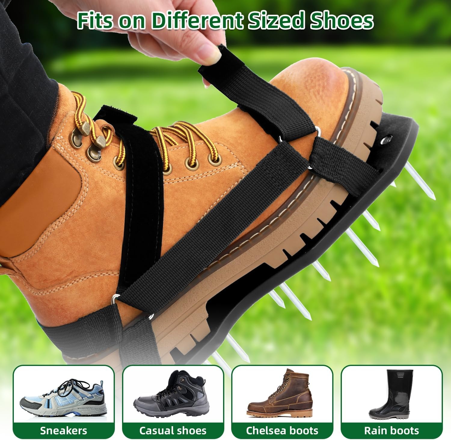 Ohuhu Gazonbeluchter schoenen met roestvrijstalen schep, gratis installatie beluchtschoen met haak & lus riemen, zware eenheidsmaat-fits-All Spiked beluchtingssandalen voor tuin gras gazon