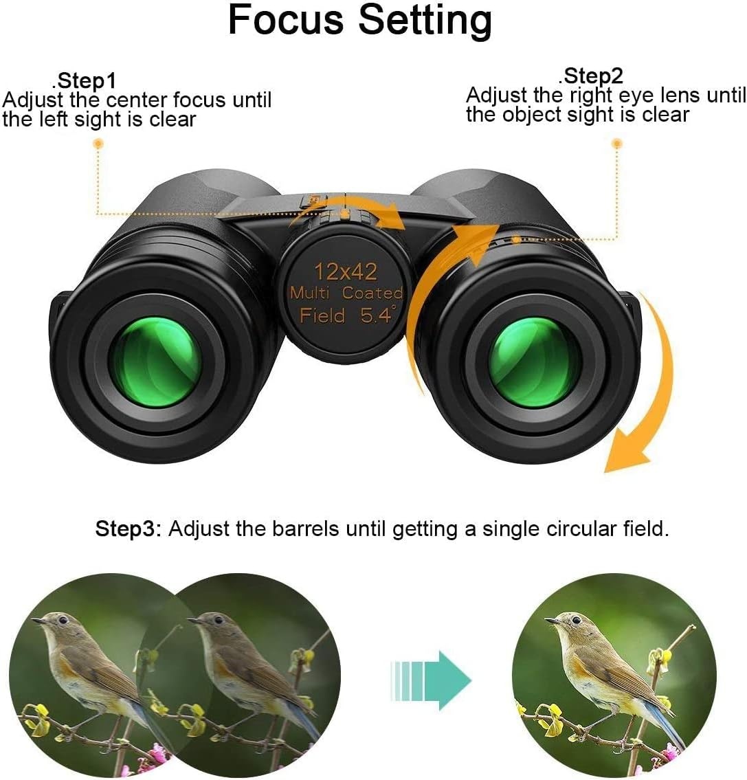 Kylietech Verrekijker 12x42 HD Compacte Verrekijker Waterdicht voor Vogels Kijken, Wandelen, Jagen, Sightseeing, FMC-Lensverrekijker incl. Draagtas, Draagriem en Smartphone-Adapter