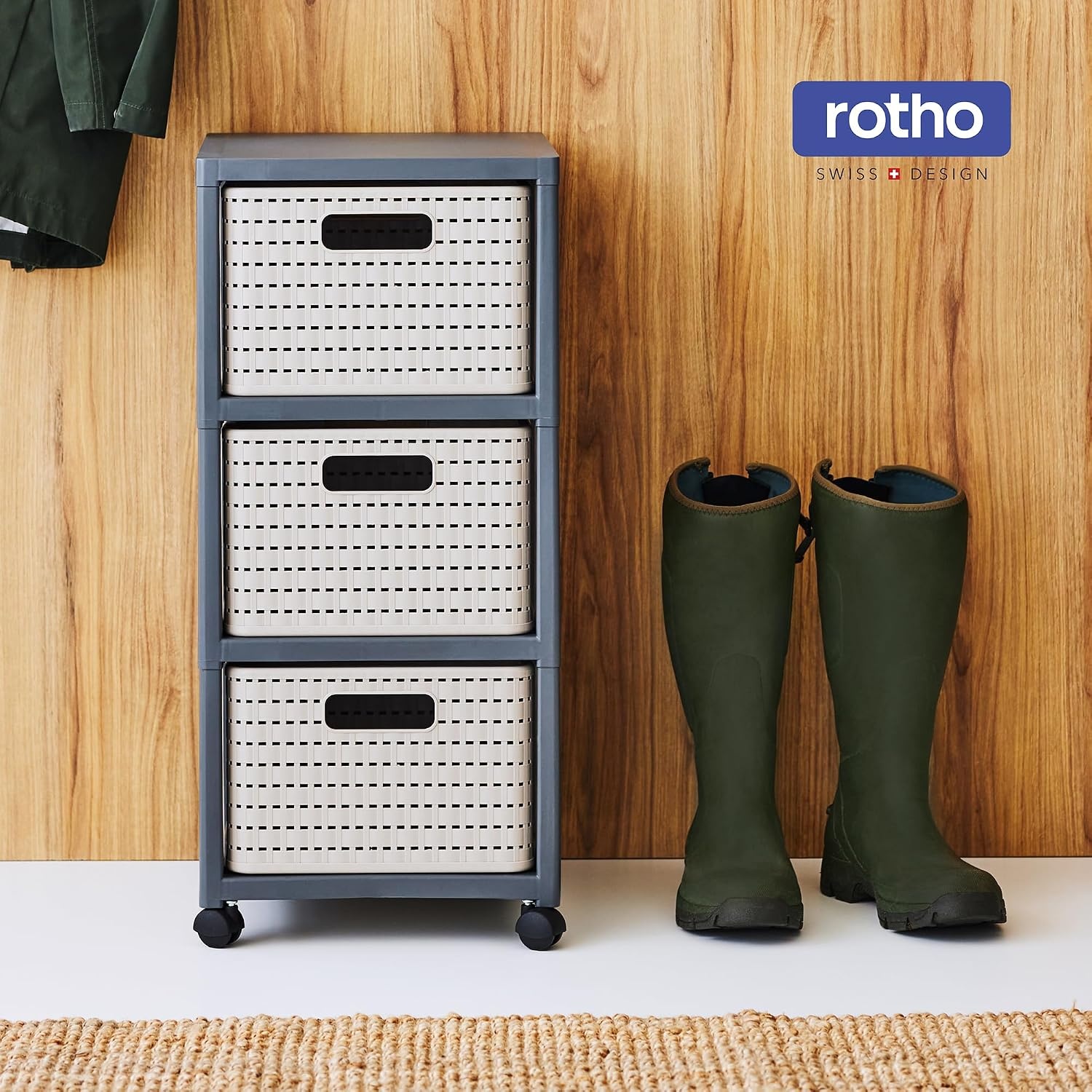 Rotho Country Rolcontainer met 3 lades in rotanlook, Kunststof (PP) BPA-vrij, wit, 3 x A4/18l (37.5 x 32.5 x 71.2 cm)