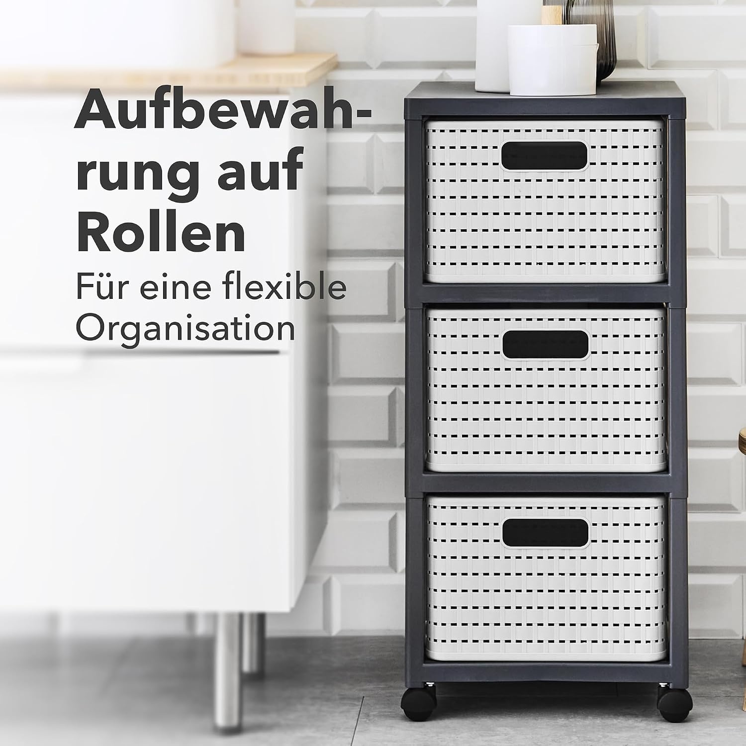 Rotho Country Rolcontainer met 3 lades in rotanlook, Kunststof (PP) BPA-vrij, wit, 3 x A4/18l (37.5 x 32.5 x 71.2 cm)