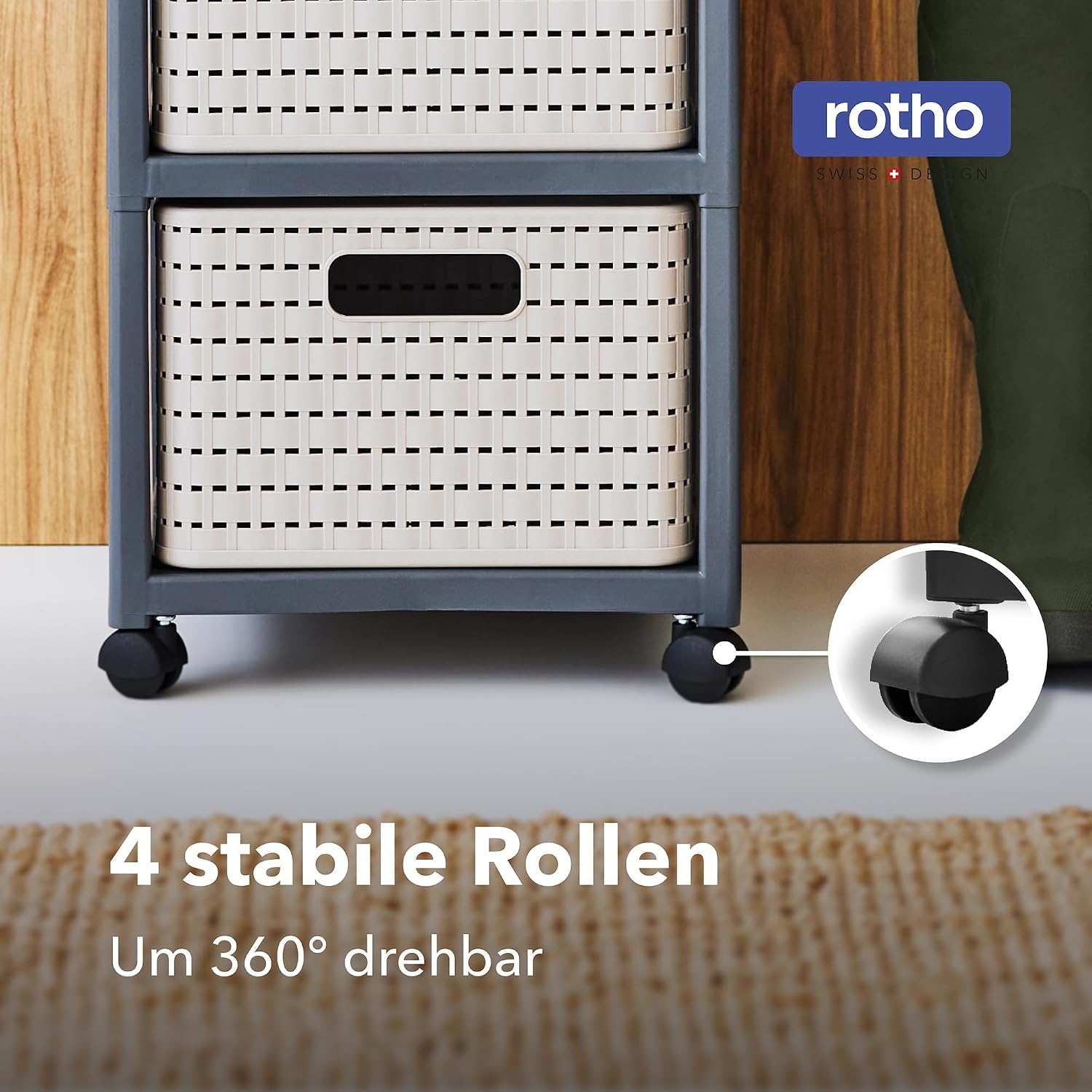 Rotho Country Rolcontainer met 3 lades in rotanlook, Kunststof (PP) BPA-vrij, wit, 3 x A4/18l (37.5 x 32.5 x 71.2 cm)