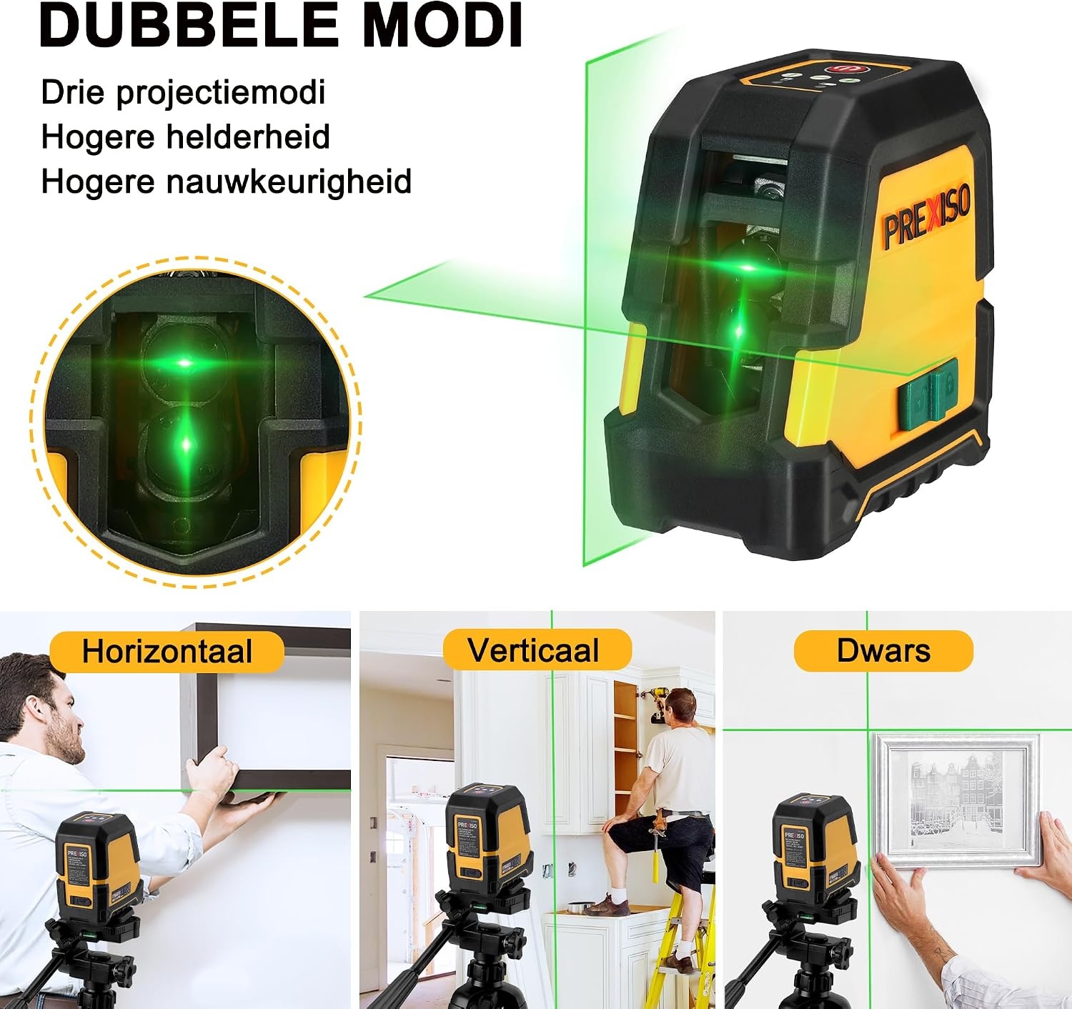 PREXISO Kruislijnlaser met Statief Groen 30m, Zelfnivellerende Lijnlaser met Dubbele Lasermodule, met Magnetische Houder & Statief, USB-Opladen, voor Bouw, Vloertegels, Woningrenovatie