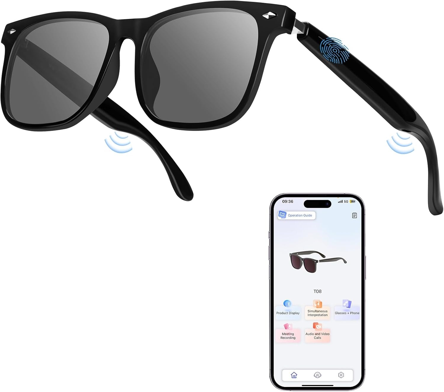 Slimme bril, Luckits AI Bluetooth-bril met luidspreker, 115 talen, AI-vertaler-accenten, realtime vertaling, UV-bescherming, gepolariseerde lens, zonnebril, bril voor mannen en vrouwen, gaming