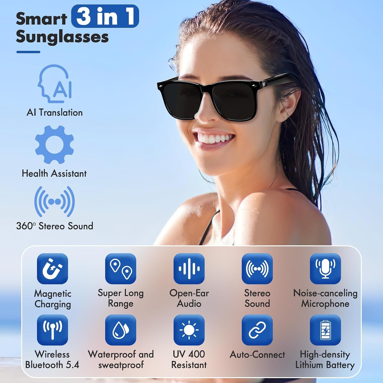 Slimme bril, Luckits AI Bluetooth-bril met luidspreker, 115 talen, AI-vertaler-accenten, realtime vertaling, UV-bescherming, gepolariseerde lens, zonnebril, bril voor mannen en vrouwen, gaming