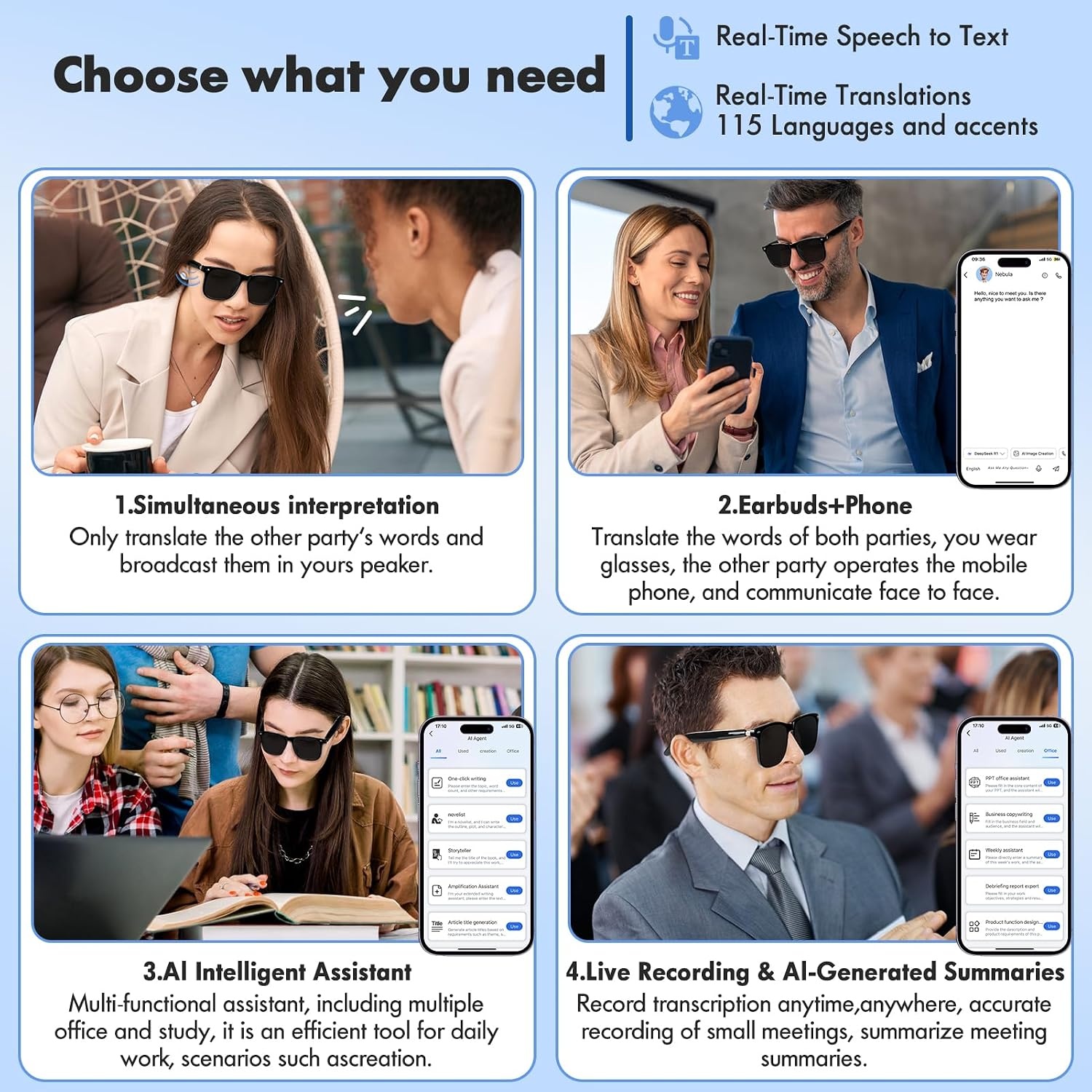 Slimme bril, Luckits AI Bluetooth-bril met luidspreker, 115 talen, AI-vertaler-accenten, realtime vertaling, UV-bescherming, gepolariseerde lens, zonnebril, bril voor mannen en vrouwen, gaming