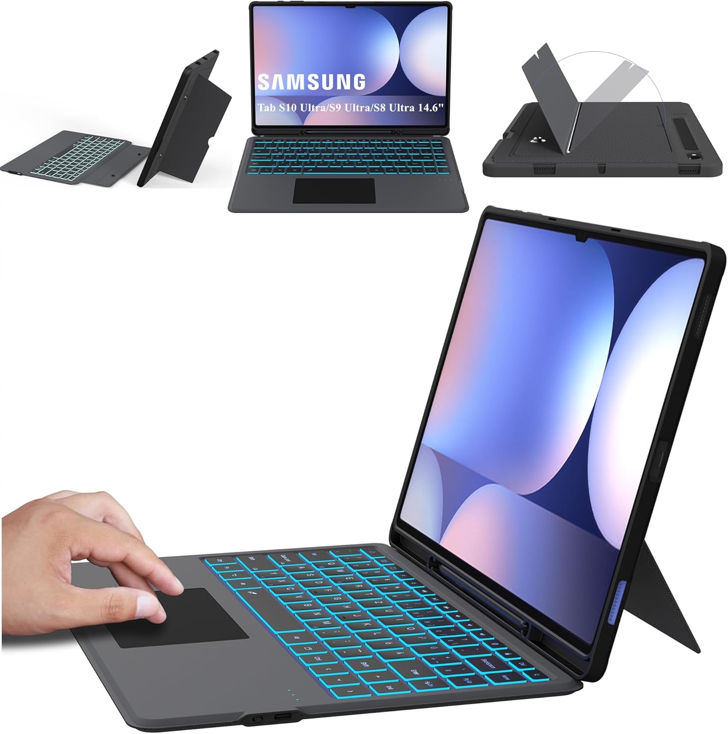ROOFEI Galaxy Tab S10Ultra/S9 hoes met toetsenbord QWERTZ - afneembaar toetsenbord met touchpad - 7-kleurige verlichting, toetsenbordhoes voor 14,6 inch Samsung Tab S10 2024/S9