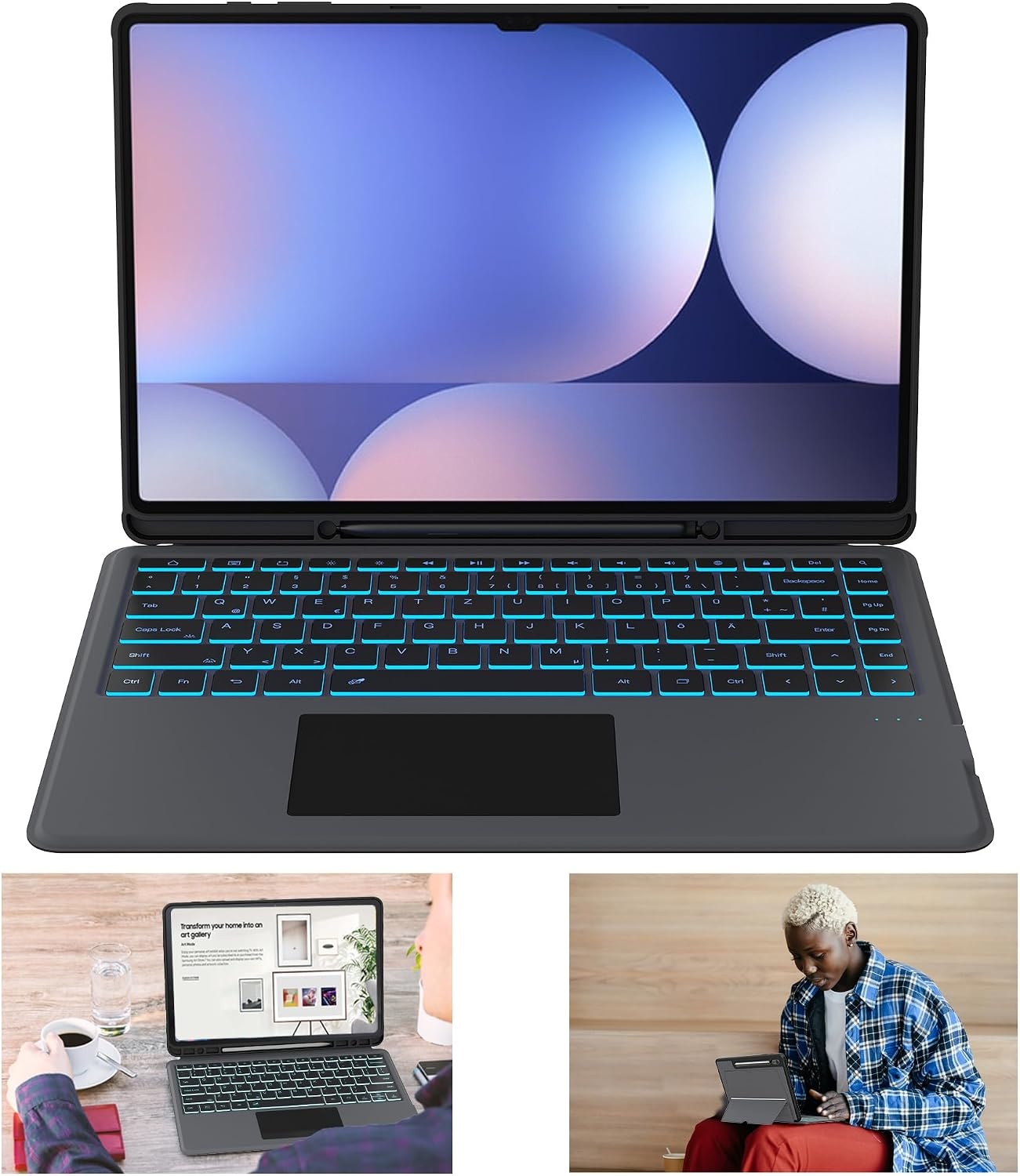 ROOFEI Galaxy Tab S10Ultra/S9 hoes met toetsenbord QWERTZ - afneembaar toetsenbord met touchpad - 7-kleurige verlichting, toetsenbordhoes voor 14,6 inch Samsung Tab S10 2024/S9