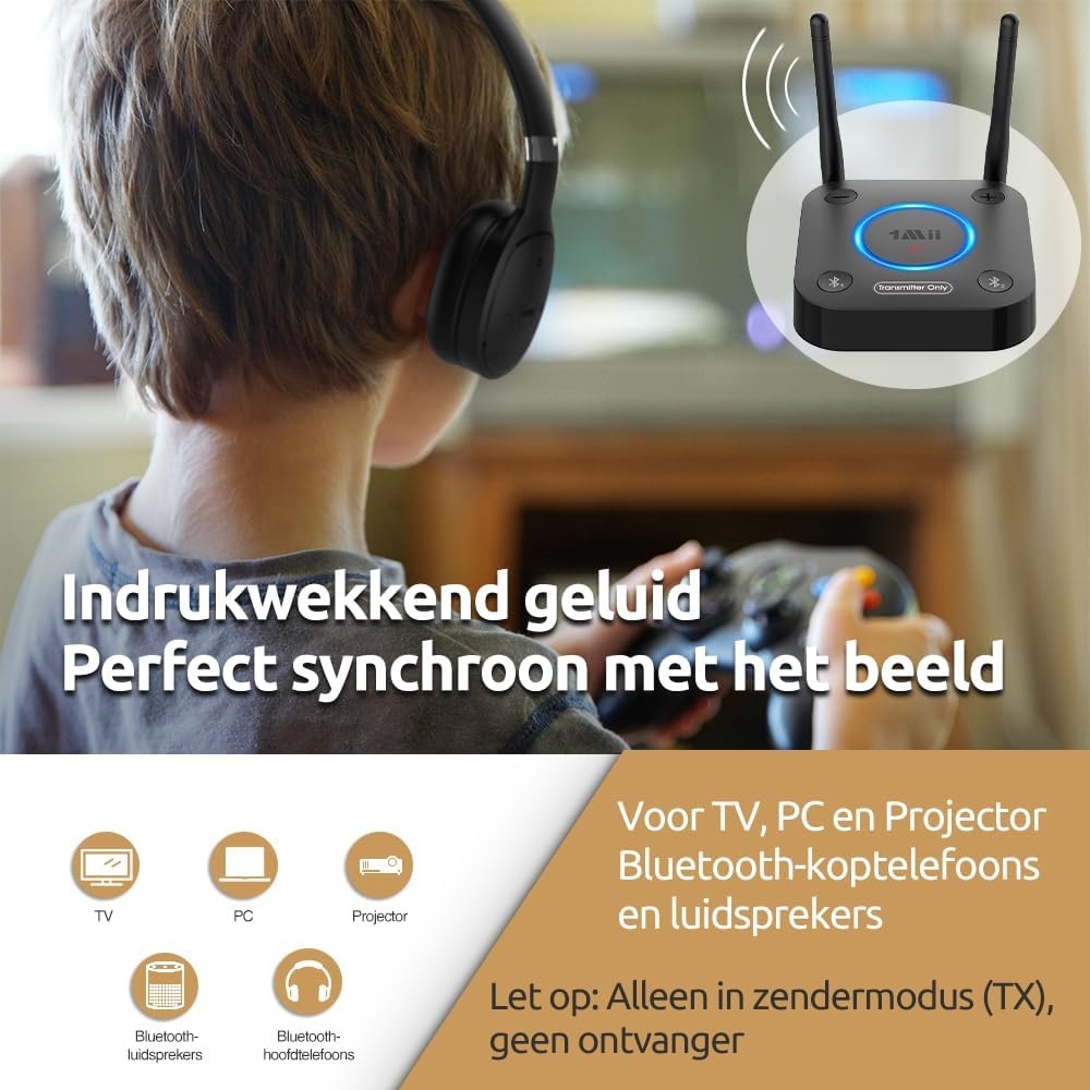 1Mii B06TX Bluetooth-Zender voor Tv, aptX HD/LL, Dual Link, 2 Koptelefoons