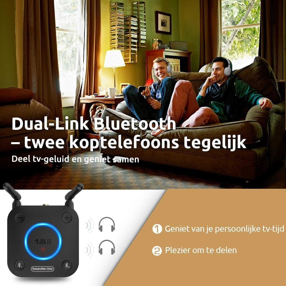 1Mii B06TX Bluetooth-Zender voor Tv, aptX HD/LL, Dual Link, 2 Koptelefoons