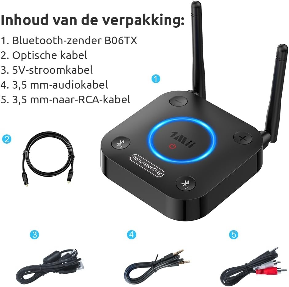 1Mii B06TX Bluetooth-Zender voor Tv, aptX HD/LL, Dual Link, 2 Koptelefoons