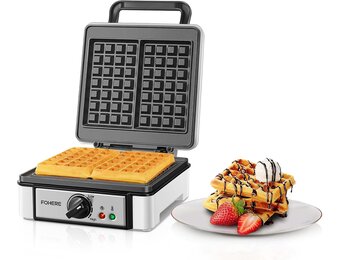 FOHERE Dubbel Wafelijzer 1200 W, Belgische Wafels, Antiaanbaklaag, 5 Bruiningsniveaus, Overloopgroef, Cool Touch Handvat - Maat 2 Waffeln