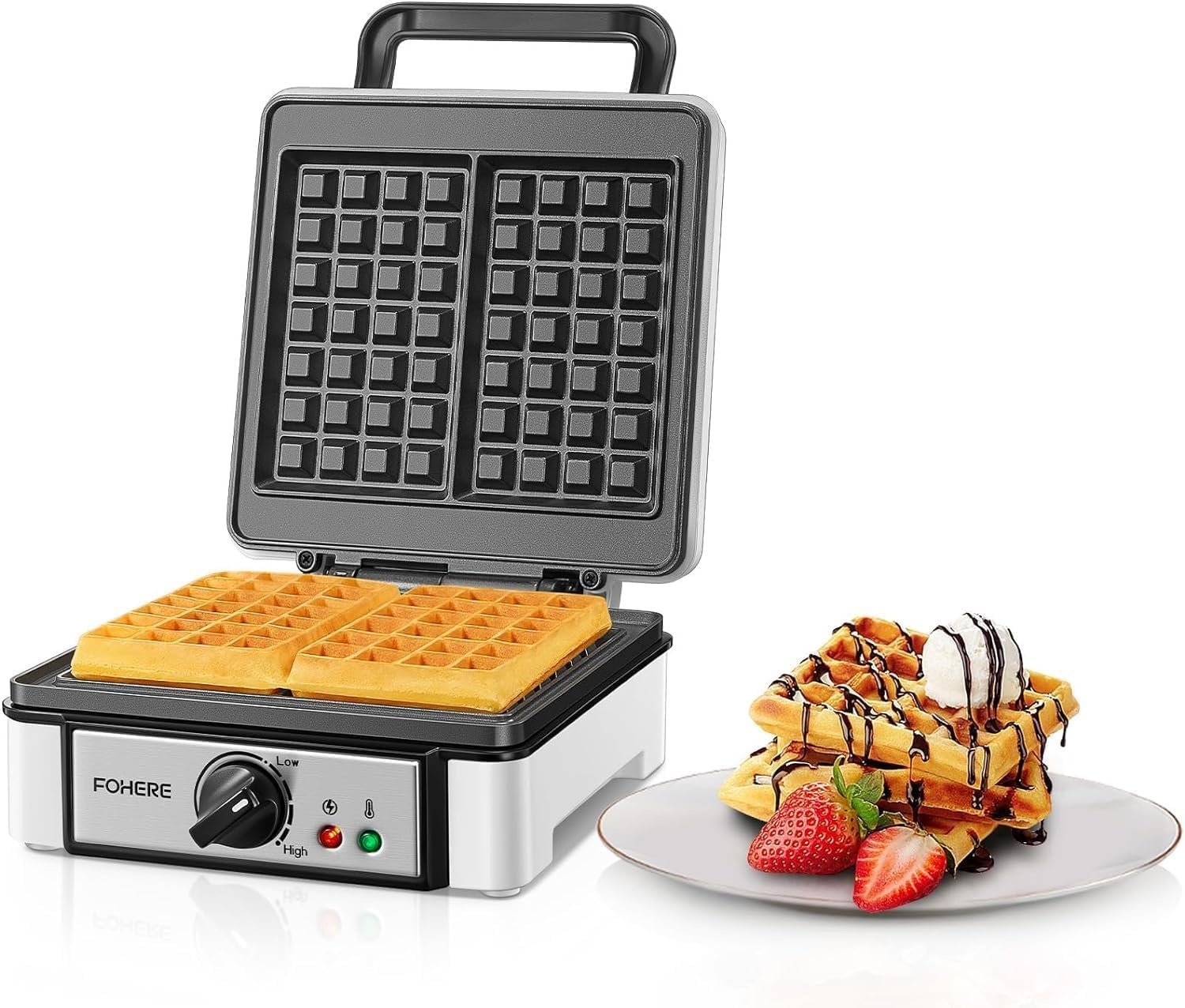 FOHERE Dubbel Wafelijzer 1200 W, Belgische Wafels, Antiaanbaklaag, 5 Bruiningsniveaus, Overloopgroef, Cool Touch Handvat - Maat 2 Waffeln