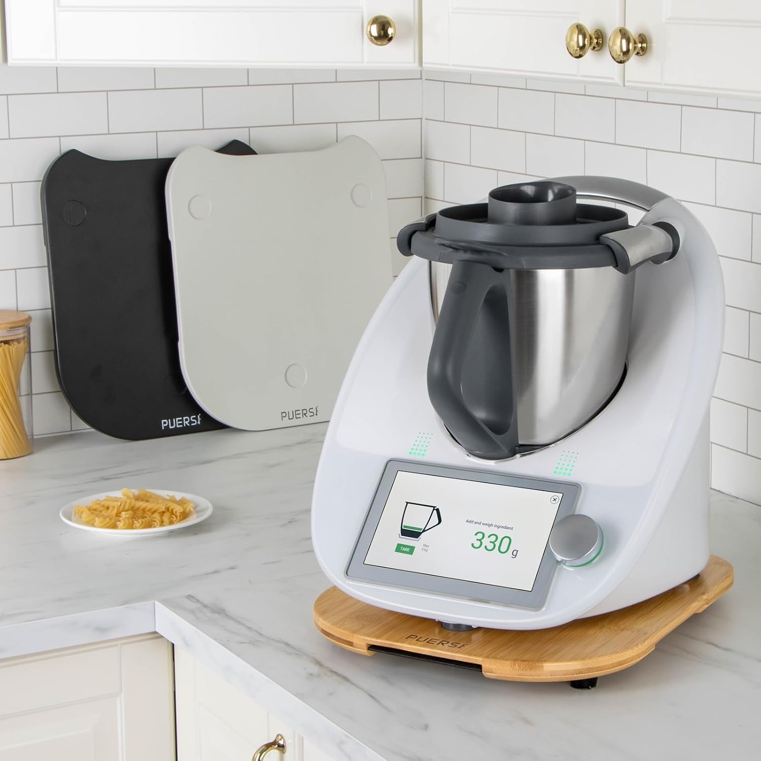 PUERSI Glijplank voor Thermomix TM6/TM5, 2e generatie, plank voor Thermomix met wielen, licht glijdend bamboe rolplank/slider - Zwart