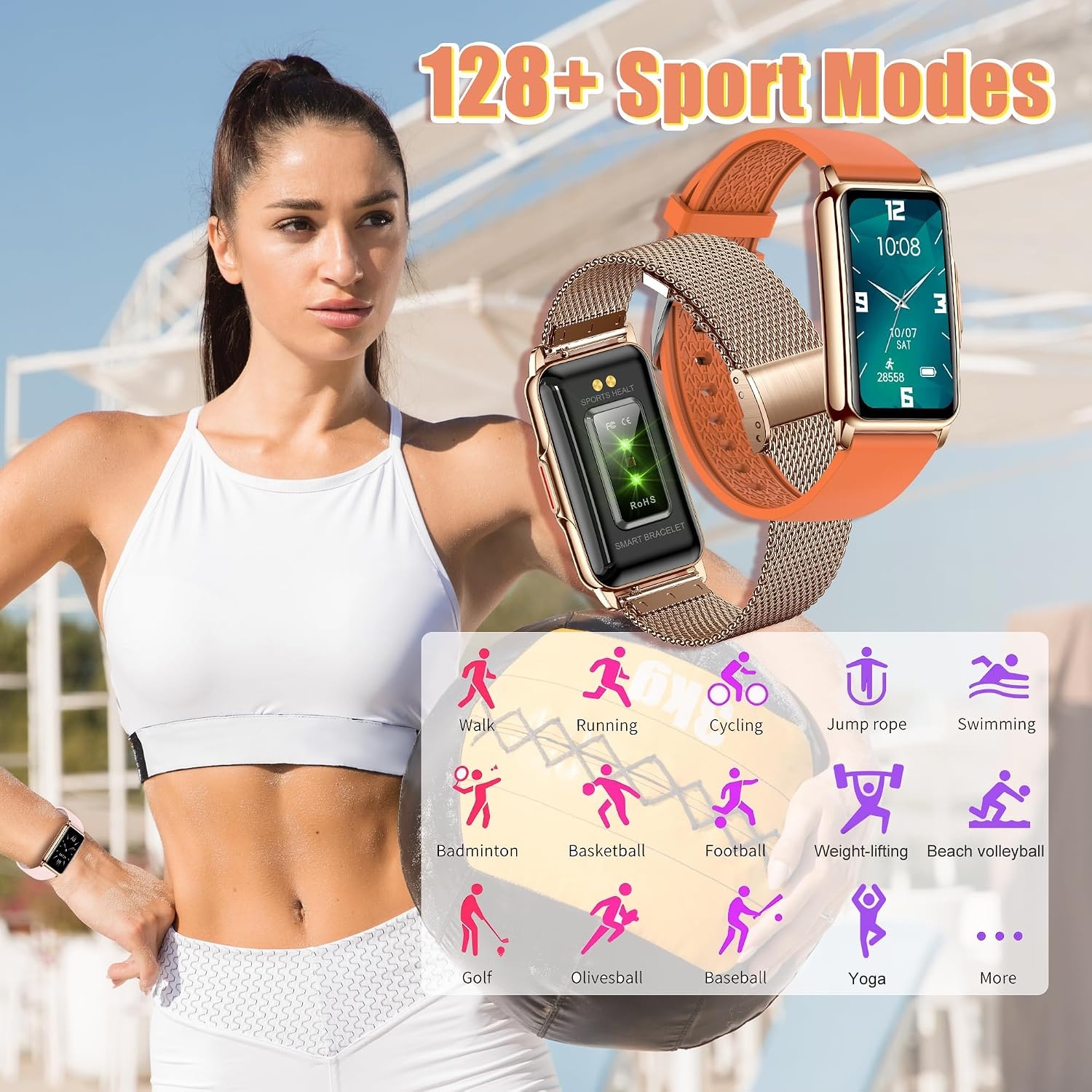 128+ sportmodi, smartwatch voor dames en heren, gezondheidstracker, ideaal cadeau
