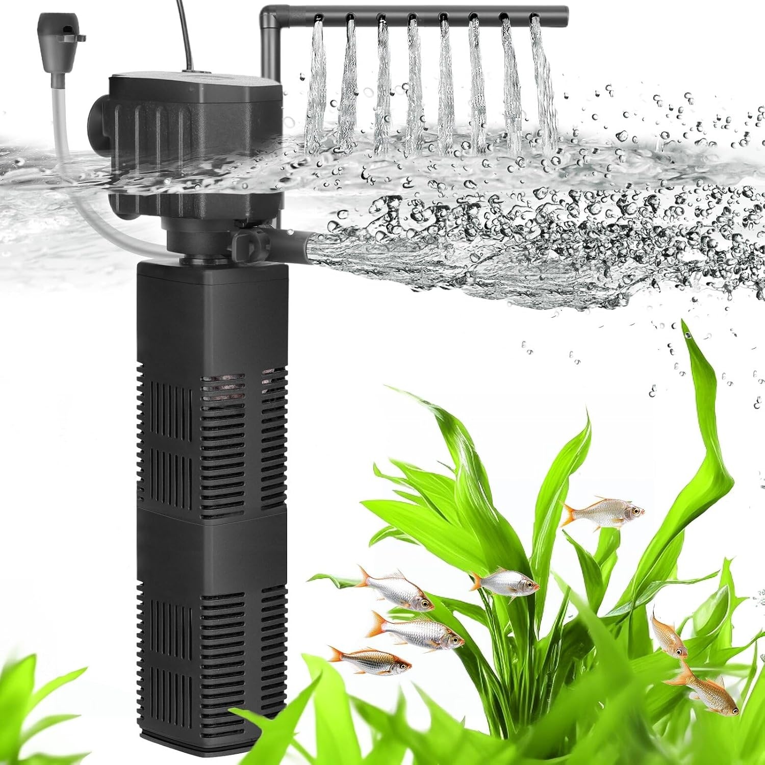 AQQA Aquariumfilter, 4 en 1 sterke stroming, aquariumfilterpomp, 650 l/u, instelbaar aquarium, binnenfilter voor tank tot 200 l (18 W) - Maat 18W