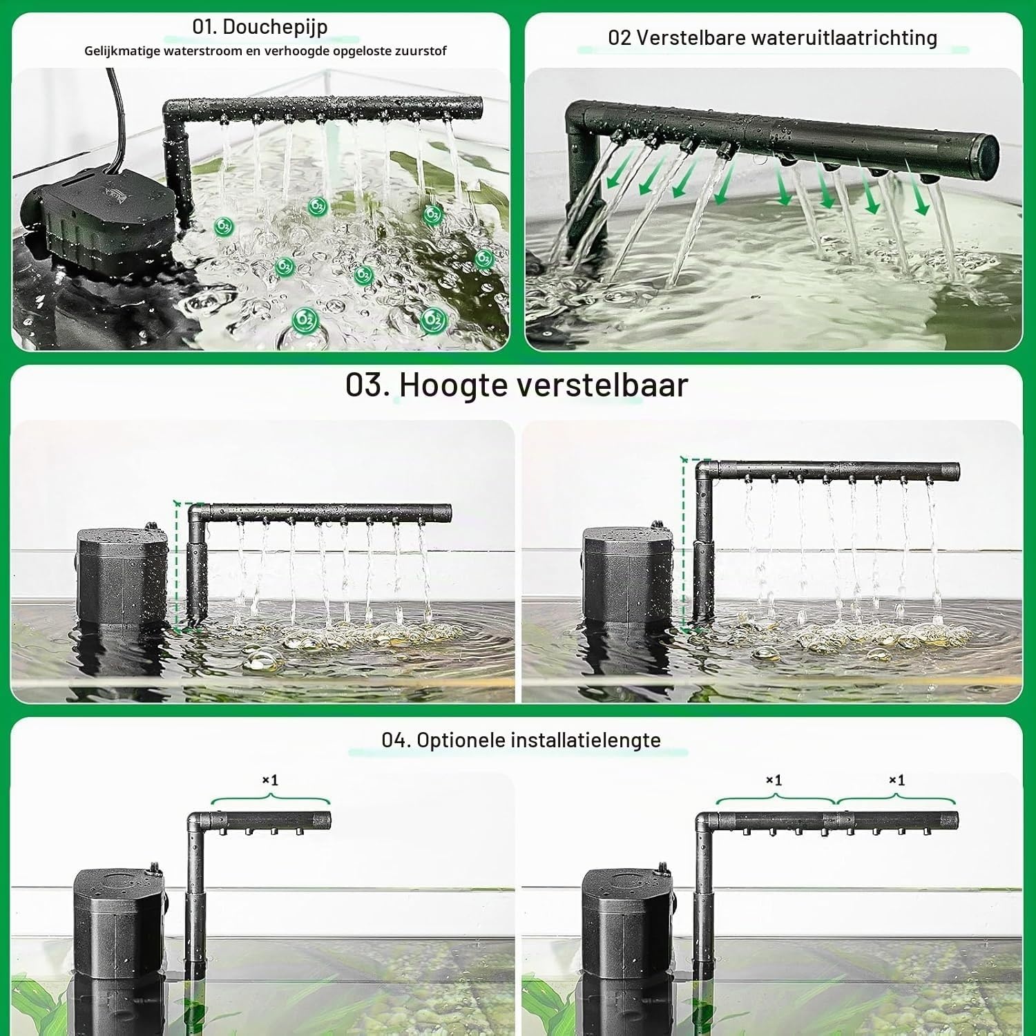AQQA Aquariumfilter, 4 en 1 sterke stroming, aquariumfilterpomp, 650 l/u, instelbaar aquarium, binnenfilter voor tank tot 200 l (18 W) - Maat 18W