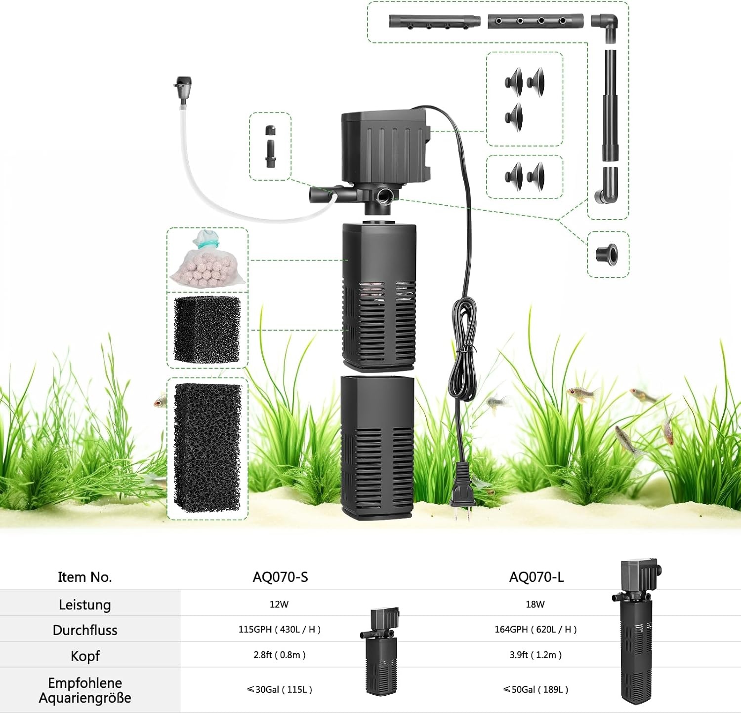 AQQA Aquariumfilter, 4 en 1 sterke stroming, aquariumfilterpomp, 650 l/u, instelbaar aquarium, binnenfilter voor tank tot 200 l (18 W) - Maat 18W