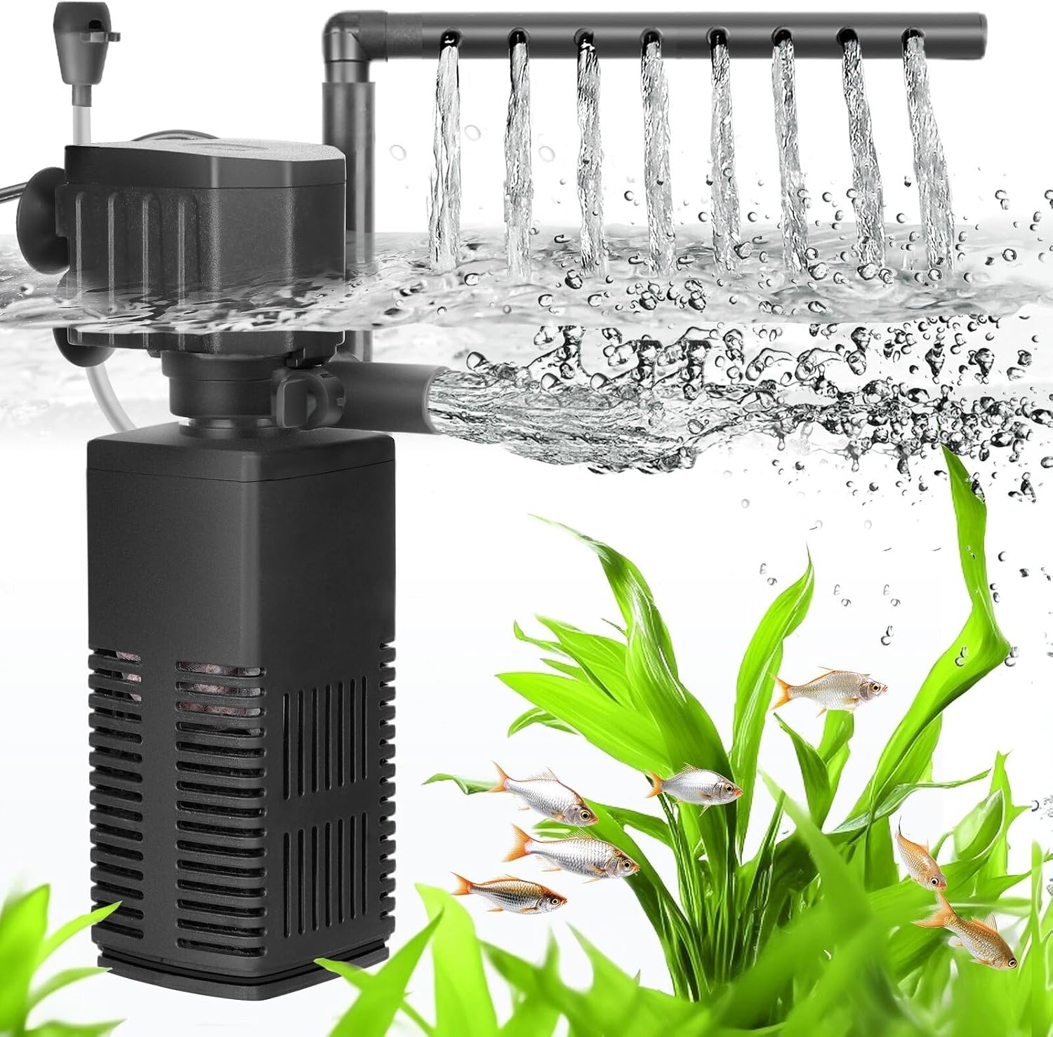 AQQA Aquariumfilter, 4 en 1 sterke stroming, aquariumfilterpomp, 650 l/u, instelbaar aquarium, binnenfilter voor tank tot 200 l (18 W) - Maat 18W