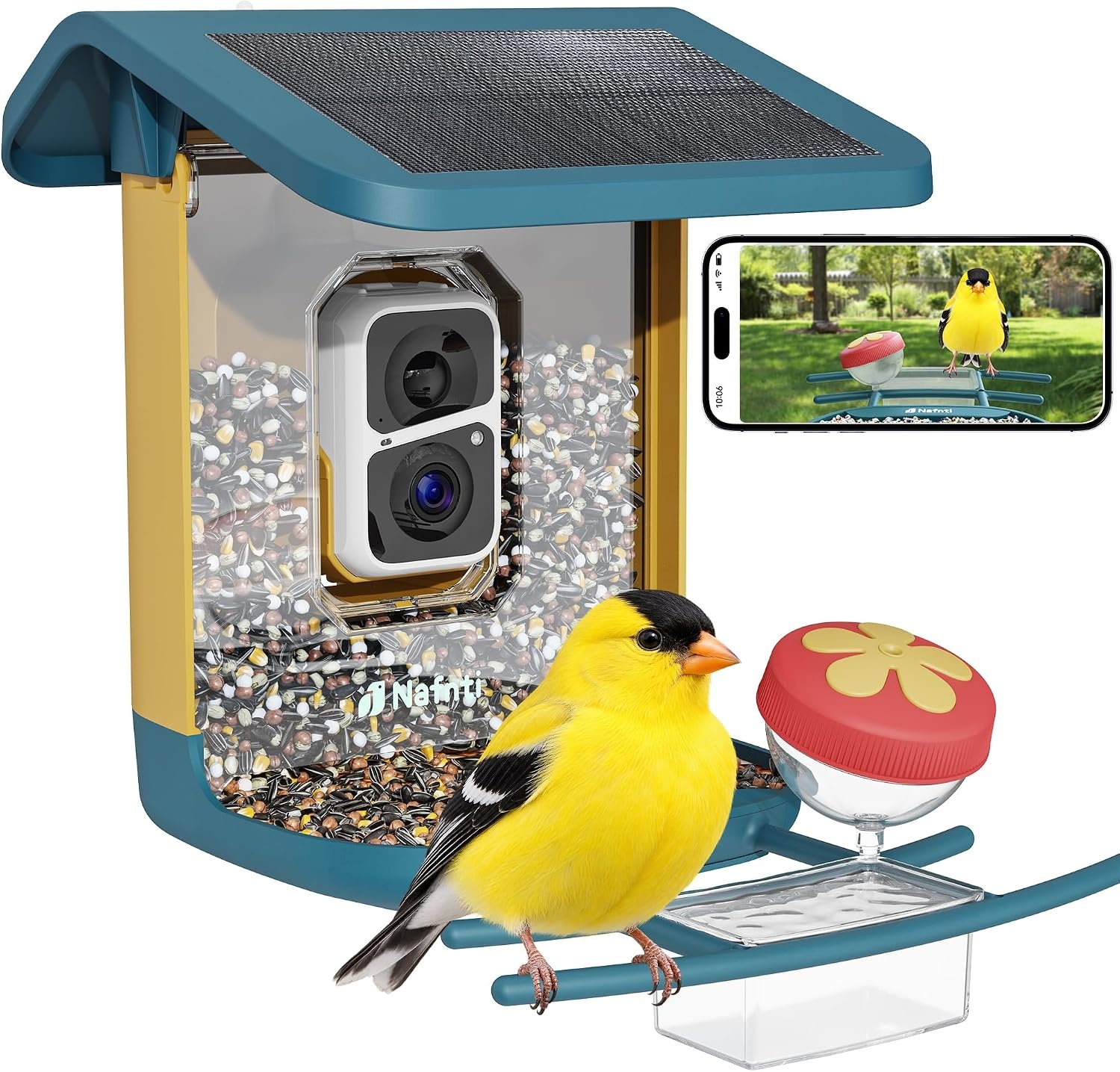 2K Smart Vogelvoeder met camera, op zonne-energie, AI identificeert meer dan 10.000 vogels, 1,8 l capaciteit, IP65 waterdicht, eekhoornbestendig, live view-waarschuwingen, verschillende