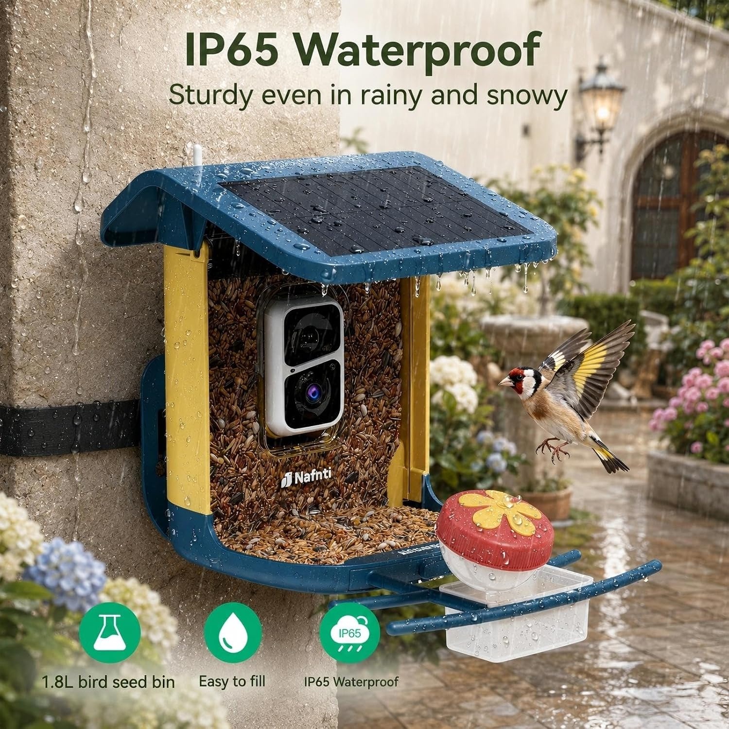 2K Smart Vogelvoeder met camera, op zonne-energie, AI identificeert meer dan 10.000 vogels, 1,8 l capaciteit, IP65 waterdicht, eekhoornbestendig, live view-waarschuwingen, verschillende