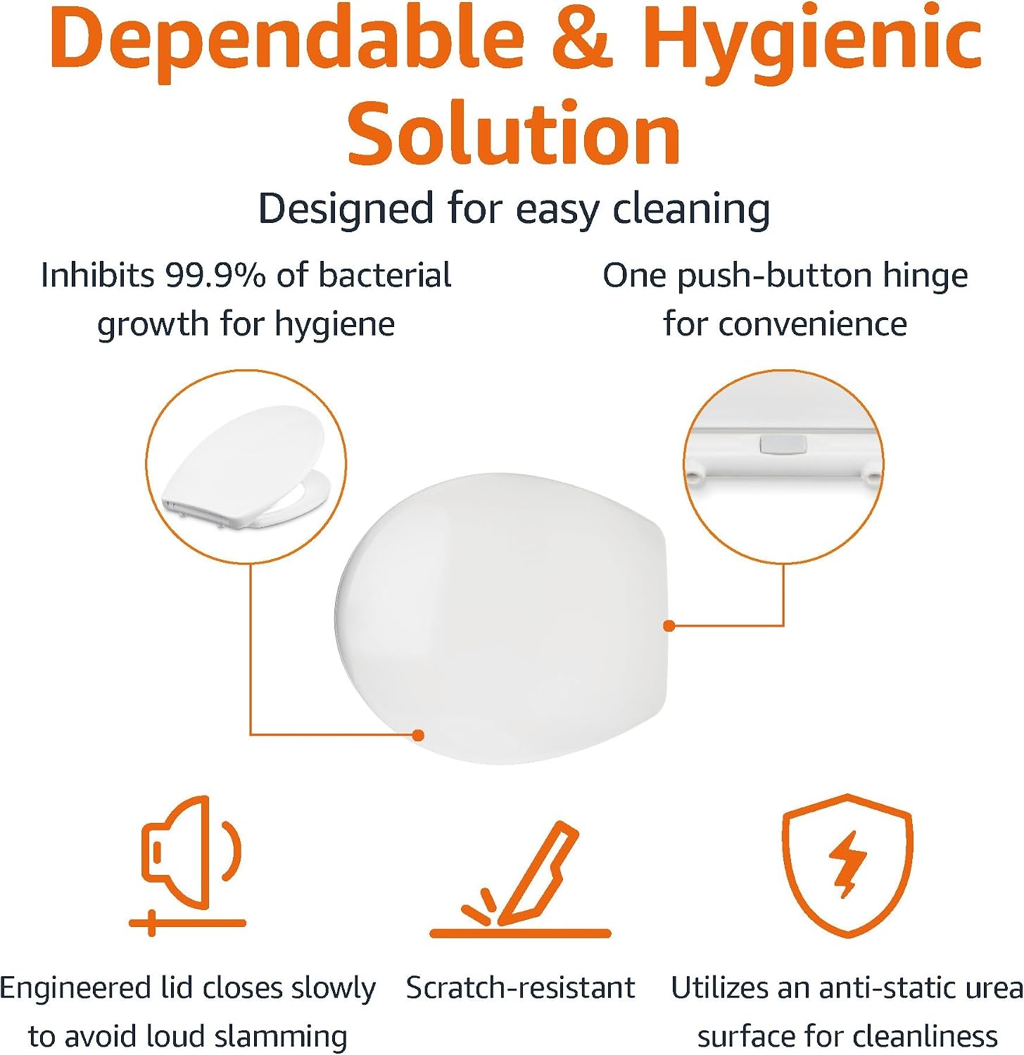 Amazon Basics Toiletbril, robuuste toiletzitting van ureummateriaal met soft-close-mechanisme, gemakkelijk afneembaar, U-vormig, 37 x 42,5 cm, universele maat, wit