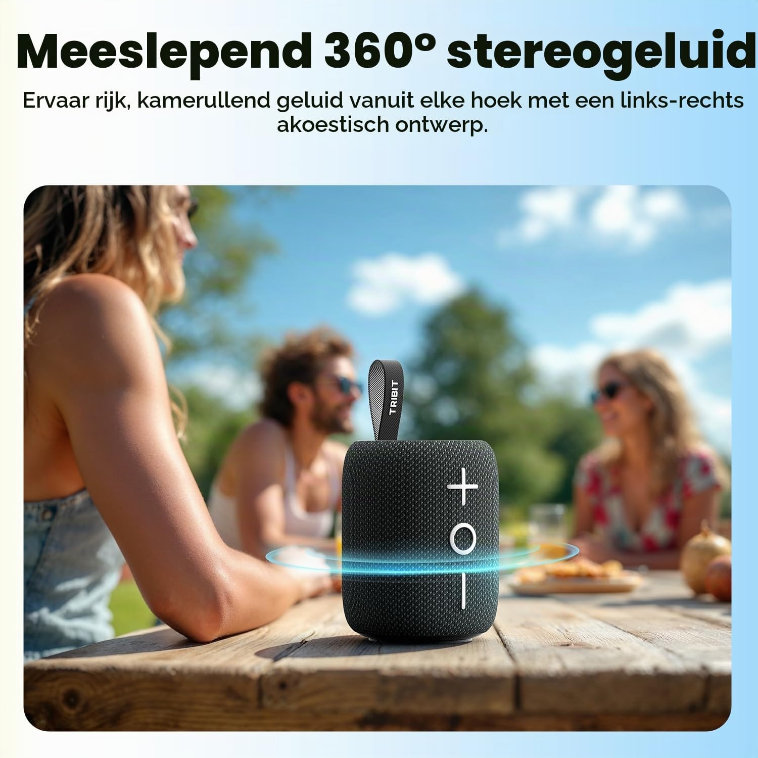 Tribit StormBox Mini+ Bluetooth-luidspreker 12 W, 360° ruimtegeluid, 12 uur speeltijd, Bluetooth 5.4, IPX7, RGB-verlichting, TWS-koppeling, type-C, ondersteunt AAC/SBC, draagbaar thuis/buiten/op reis