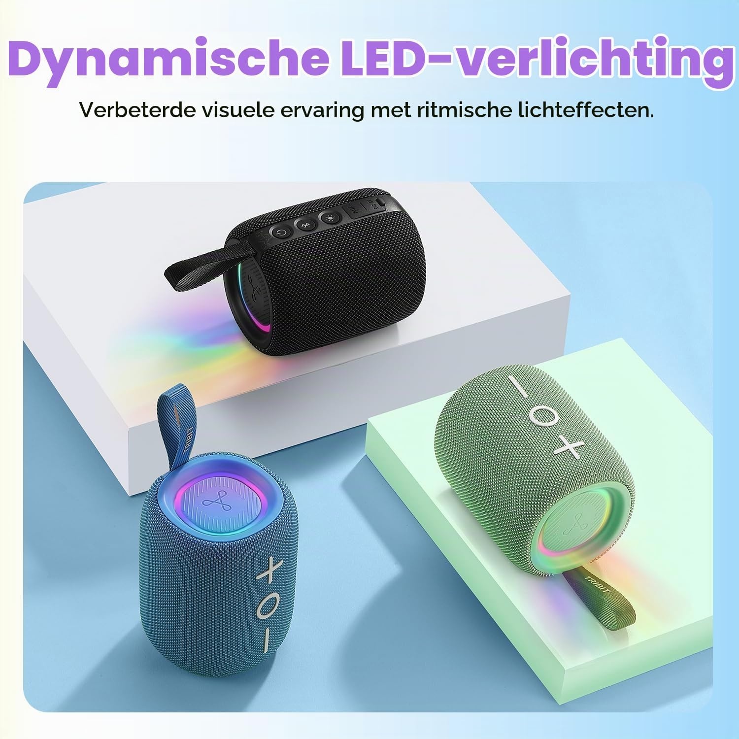 Tribit StormBox Mini+ Bluetooth-luidspreker 12 W, 360° ruimtegeluid, 12 uur speeltijd, Bluetooth 5.4, IPX7, RGB-verlichting, TWS-koppeling, type-C, ondersteunt AAC/SBC, draagbaar thuis/buiten/op reis